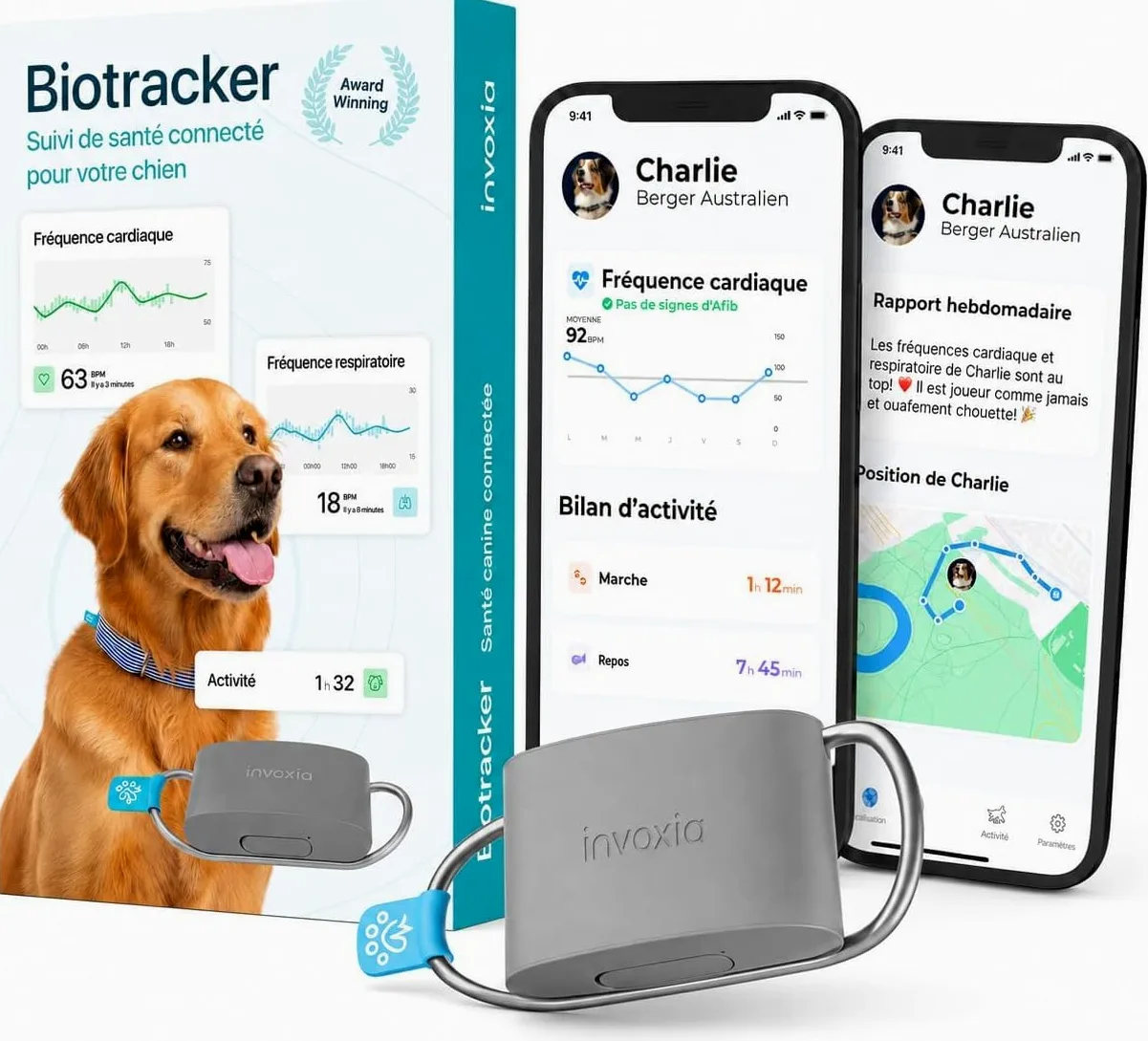 Invoxia Biotracker Édition 2026 GPS Santé pour Chien | GPS temps réel 4G, suivi cardiaque et respiratoire, alertes anti-fugue, IA embarquée, autonomie 15 jours