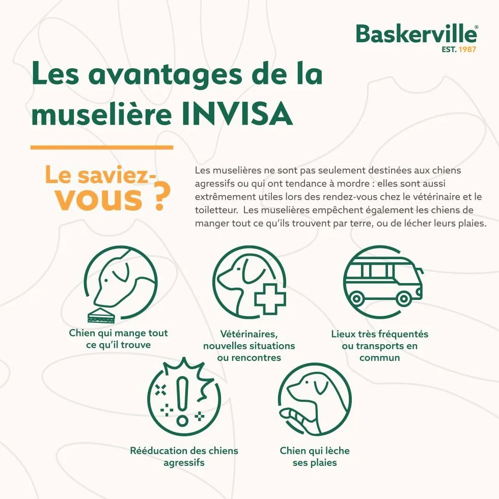 MUSELIÈRE BASKERVILLE INVISA, sûre, respectueuse du chien qui peut haleter et boire, réglable, matelassée, éducation des chiens moyens, anti-morsure, anti-fouille (Taille 4)