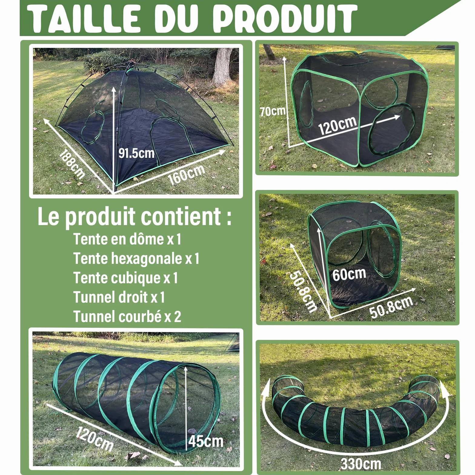 Pawtenda Aire de Jeu pour Chat 6 en 1 pour l'extérieur, enclos Portable avec 3 tentes et 3 Tunnels
