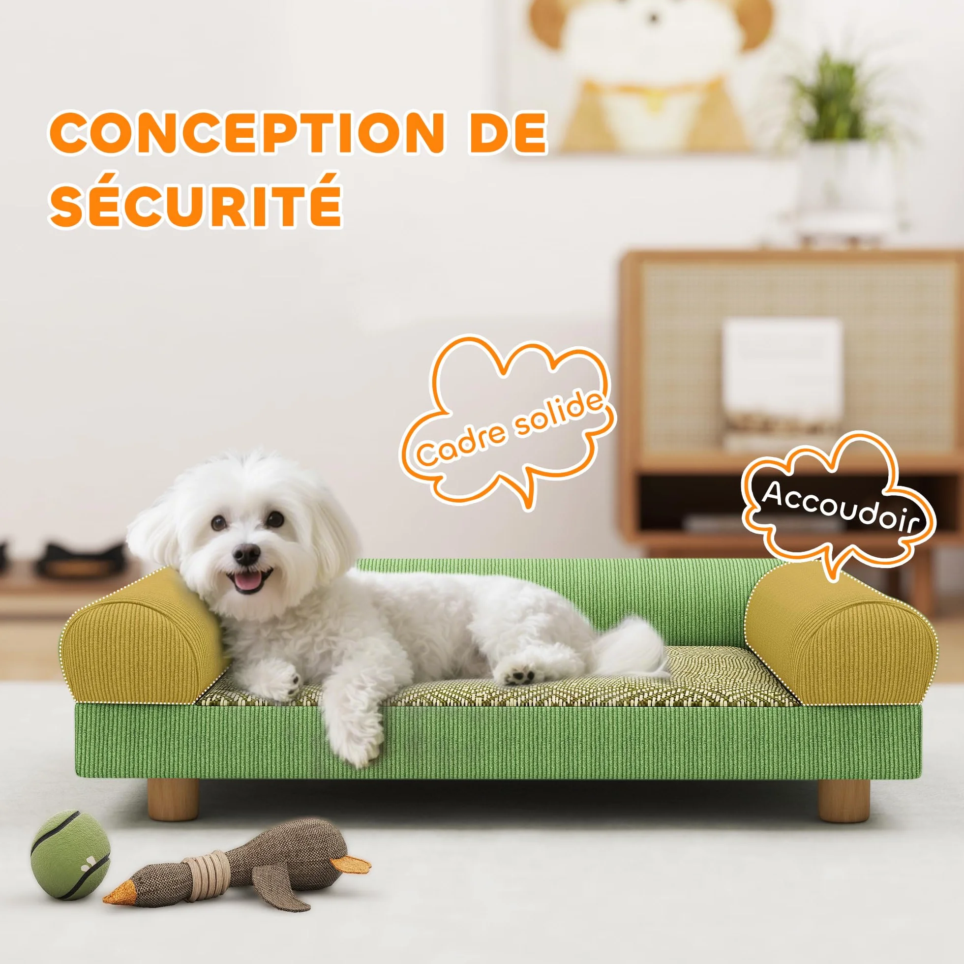 PawHut Canapé pour Chien Chat Lit Surélevé avec Tapis Frais, Accoudoirs, Pieds Velours Doux 63x41x17 cm Vert