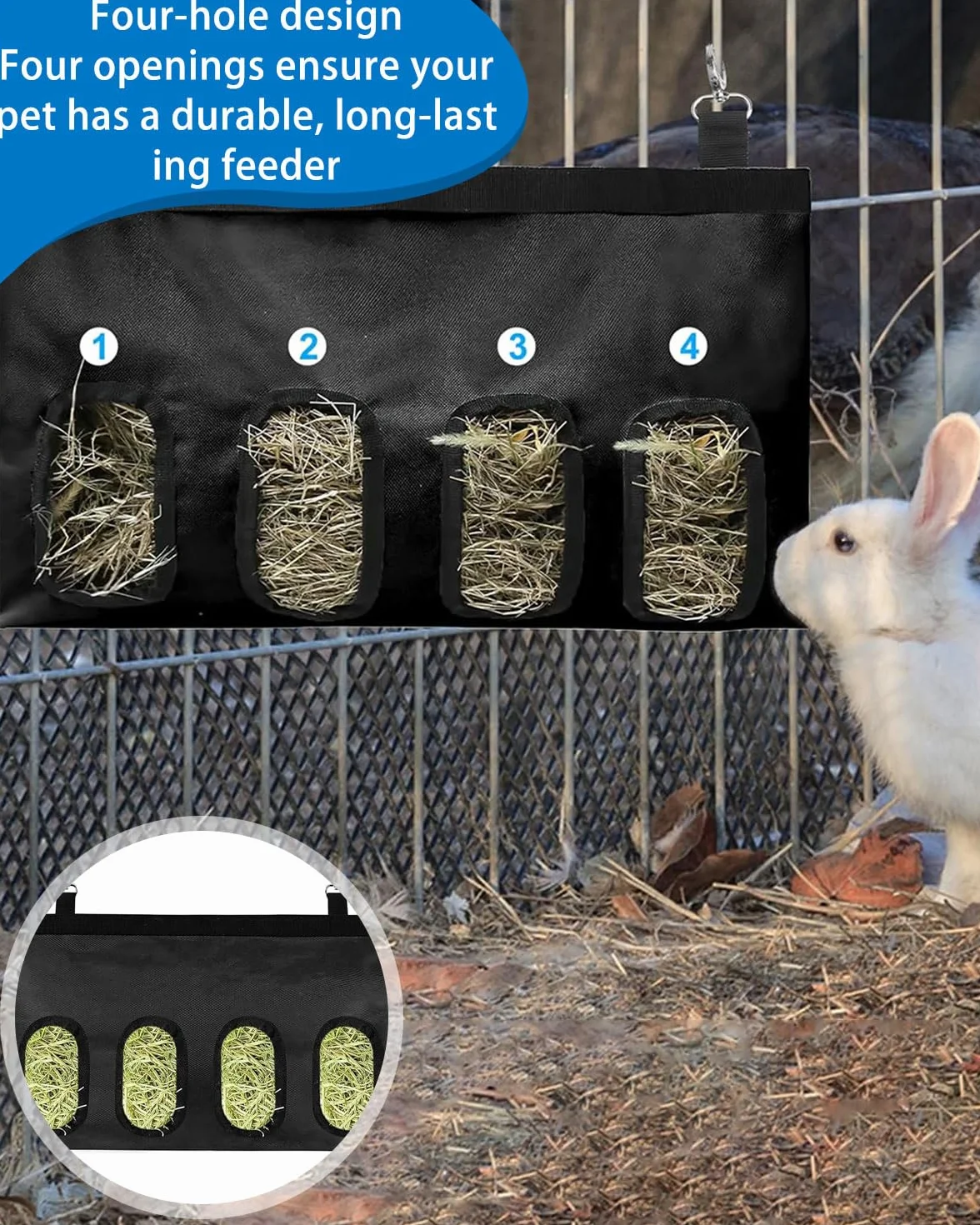 Sac de foin pour lapin, mangeoire suspendue avec 4 fenêtres, noir