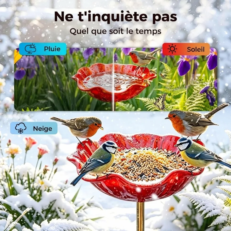 Abreuvoir Oiseaux Métal Motif Fleurs, Bain Oiseau Décoratif Résistant Intempéries, Piquet Jardin Fleur Métal Fait Main (Rouge)