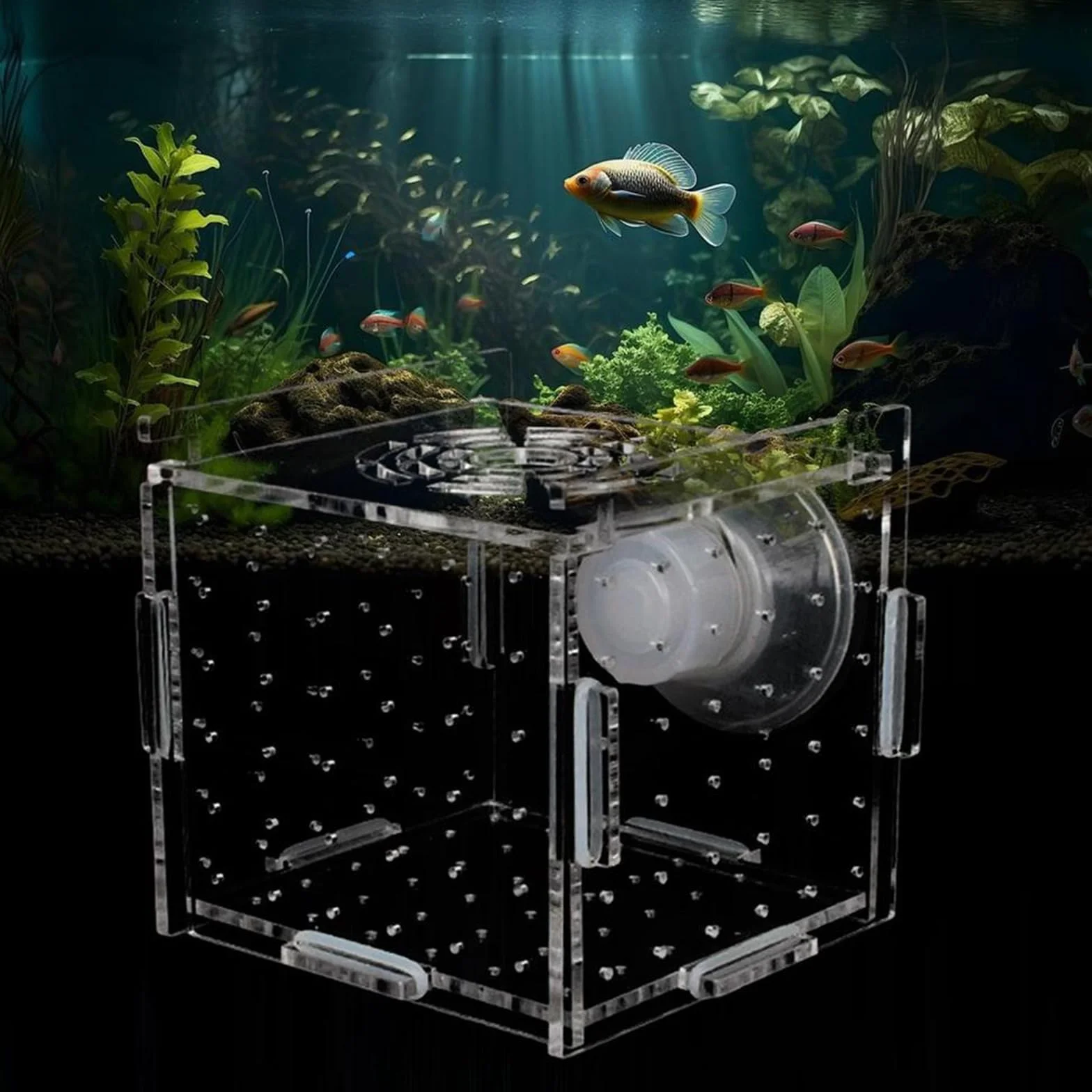 Boîte D'élevage de Poissons, Boîte D'isolation Flottante en Acrylique, Filet D'Élevage Aquarium, avec 1 Ventouses, Aquariums D'élevage pour Poissons Agressifs Blessés Et Petits Crevettes, 10*10*10CM