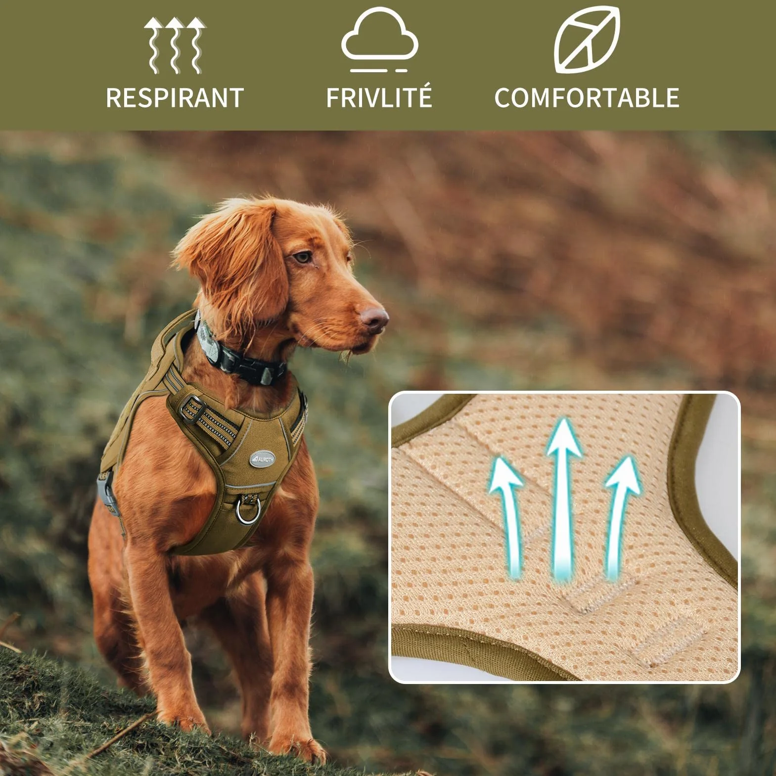 Harnais de Chien Anti Traction Tactique Respirant Réglable Taille L Brun Vert