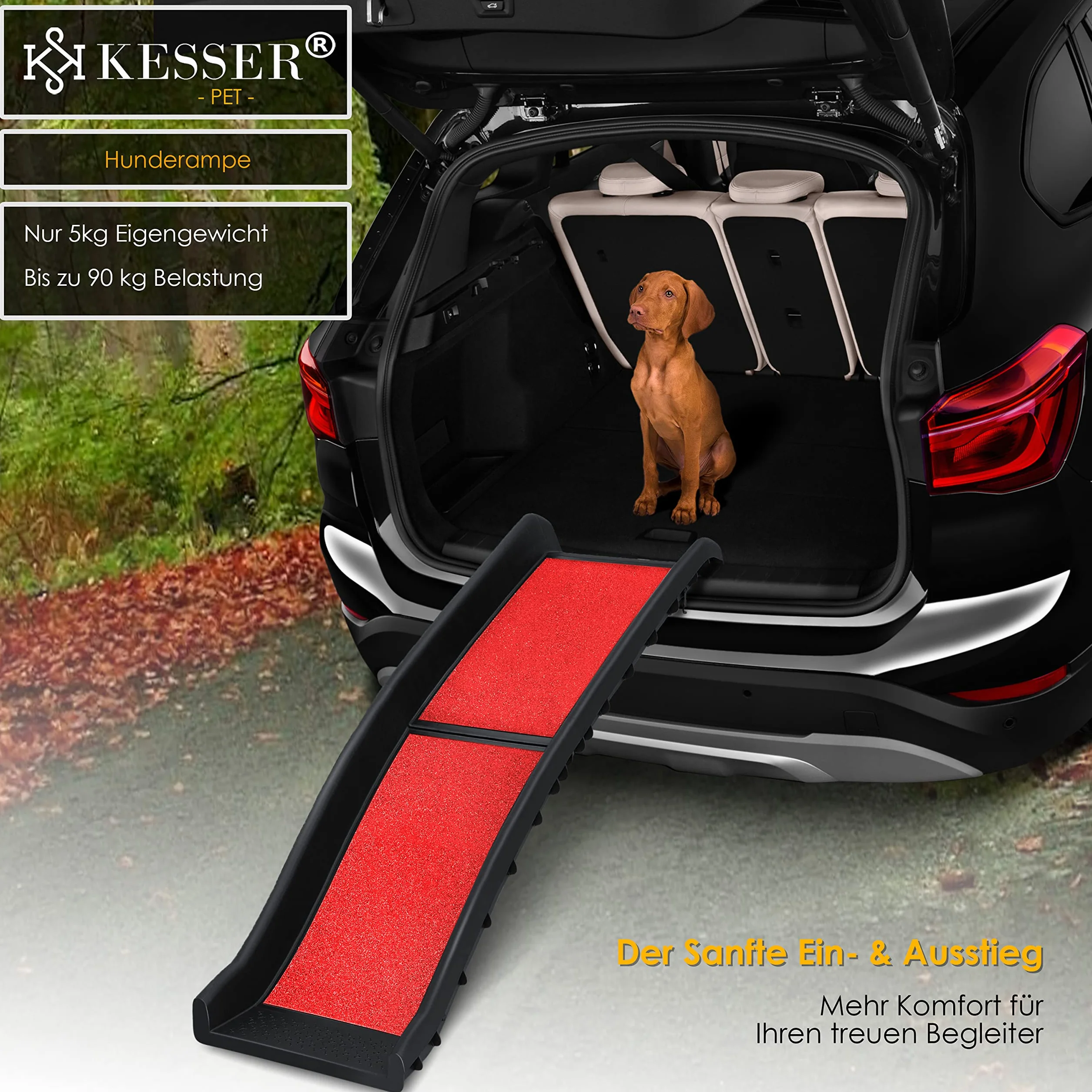 KESSER® Rampe de coffre pliable pour chien - Rampe de coffre pour animaux de compagnie - Jusqu'à 90 kg - 156 x 40 cm - Légèrement stable et antidérapante - Rouge