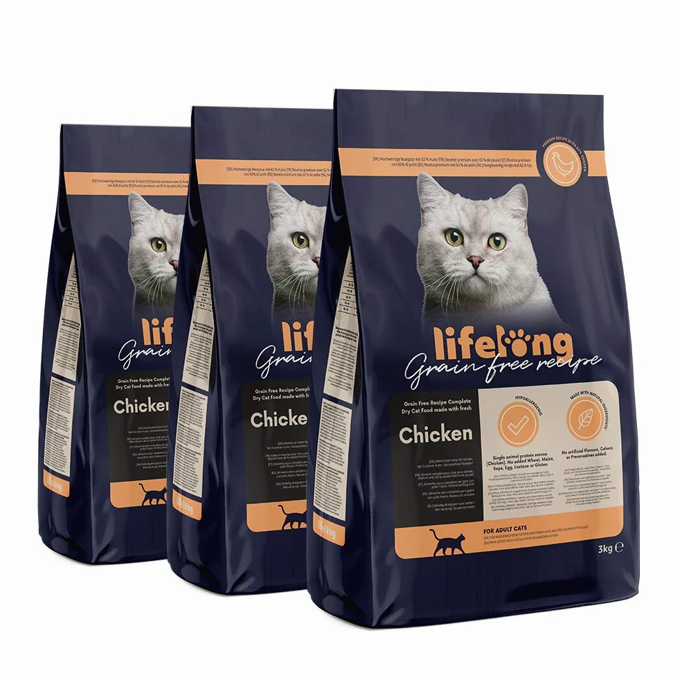 Marque Amazon - Lifelong Aliment pour chat adultes sans céréale, élaboré avec de la viande fraîche de poulet - 3 kg (Lot de 3)