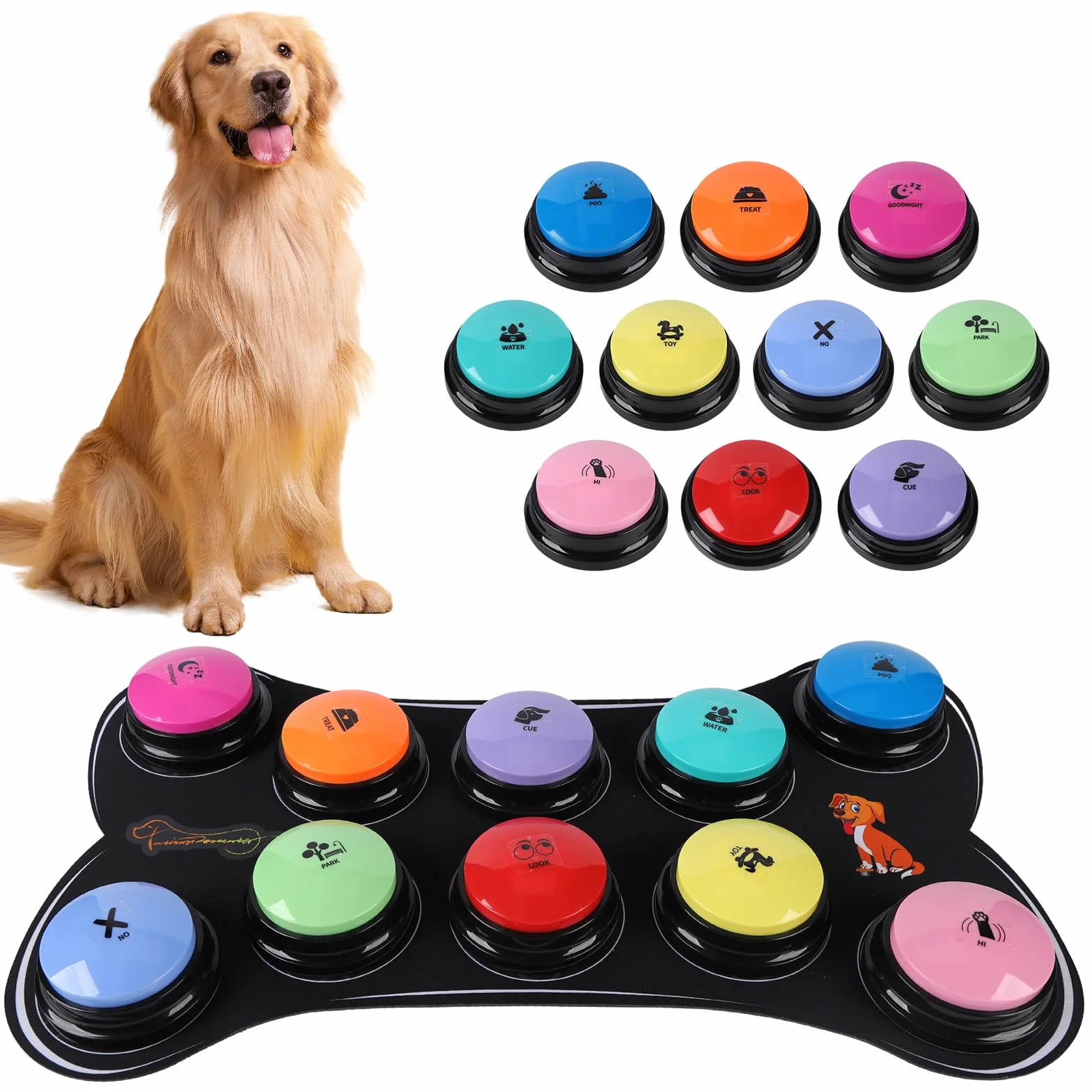 Boutons pour chiens pour la communication Kit de démarrage de 10 boutons pour chiens 30S Boutons d'entraînement enregistrables HD avec tapis antidérapant imperméable + 50 autocollants de scènes