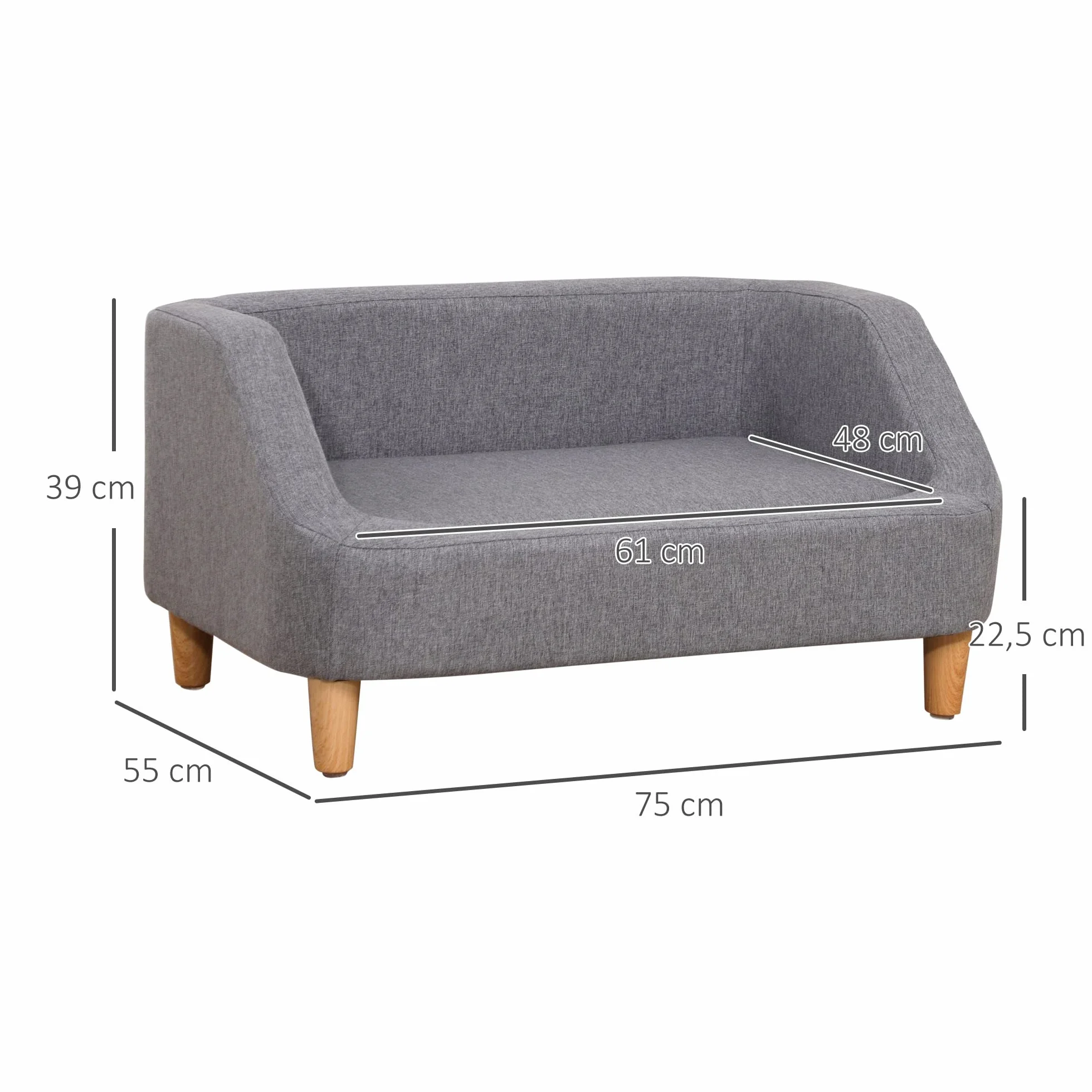 PawHut Canapé pour Chien lit pour Chien Style scandinave Pieds en Bois Tissu déhoussable 75 x 55 x 39 cm - Gris