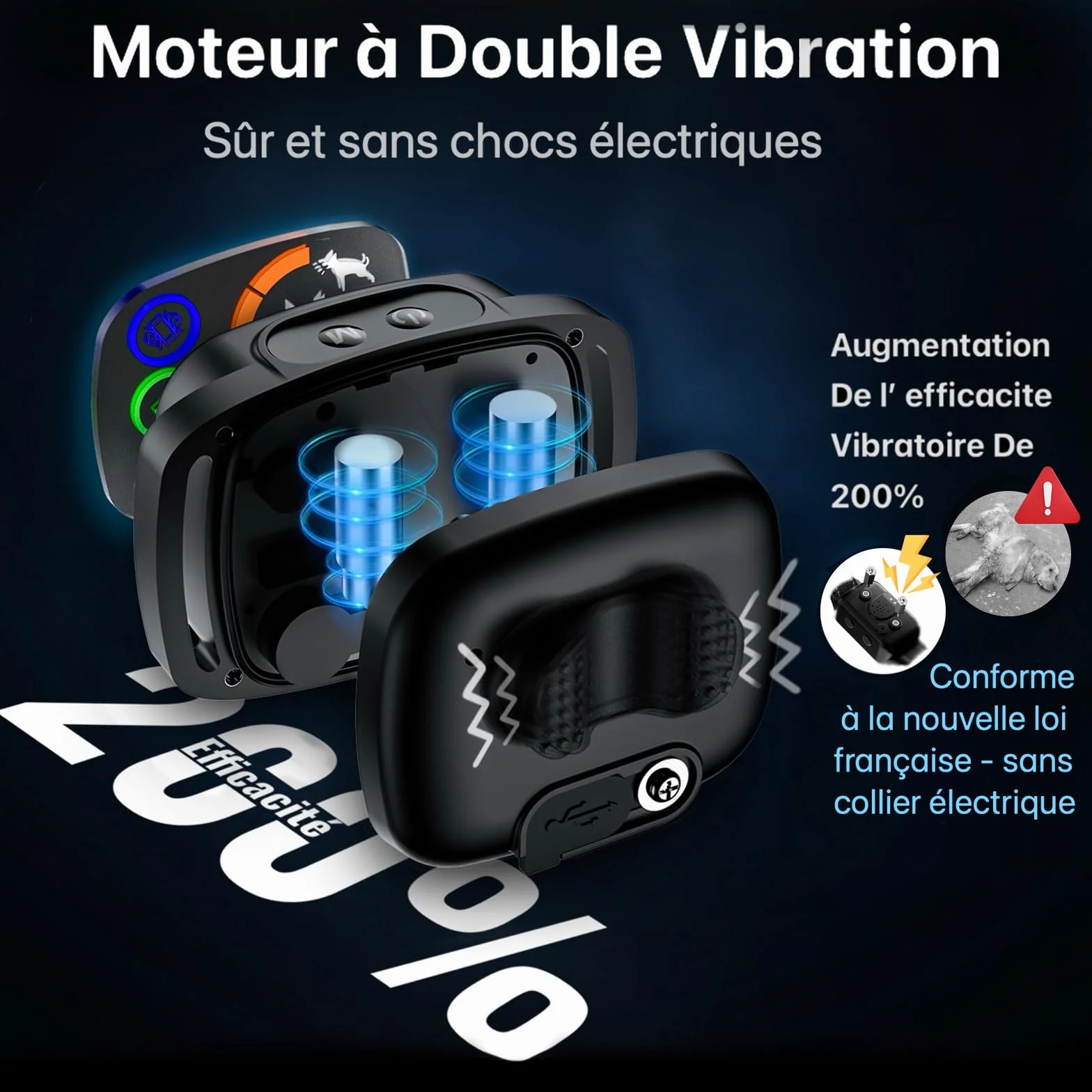 Collier Anti Aboiement Chien IP67 Rechargeable Son Vibration Forte Détection Intelligente Noir