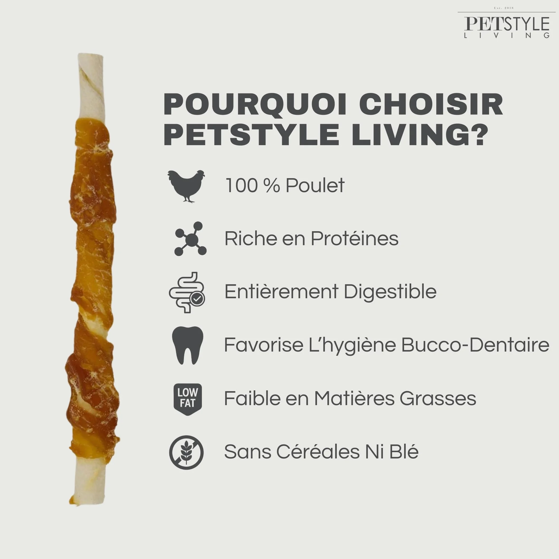 Bâtonnets à Mâcher au Poulet pour Chien 12,5cm 100 Pièces