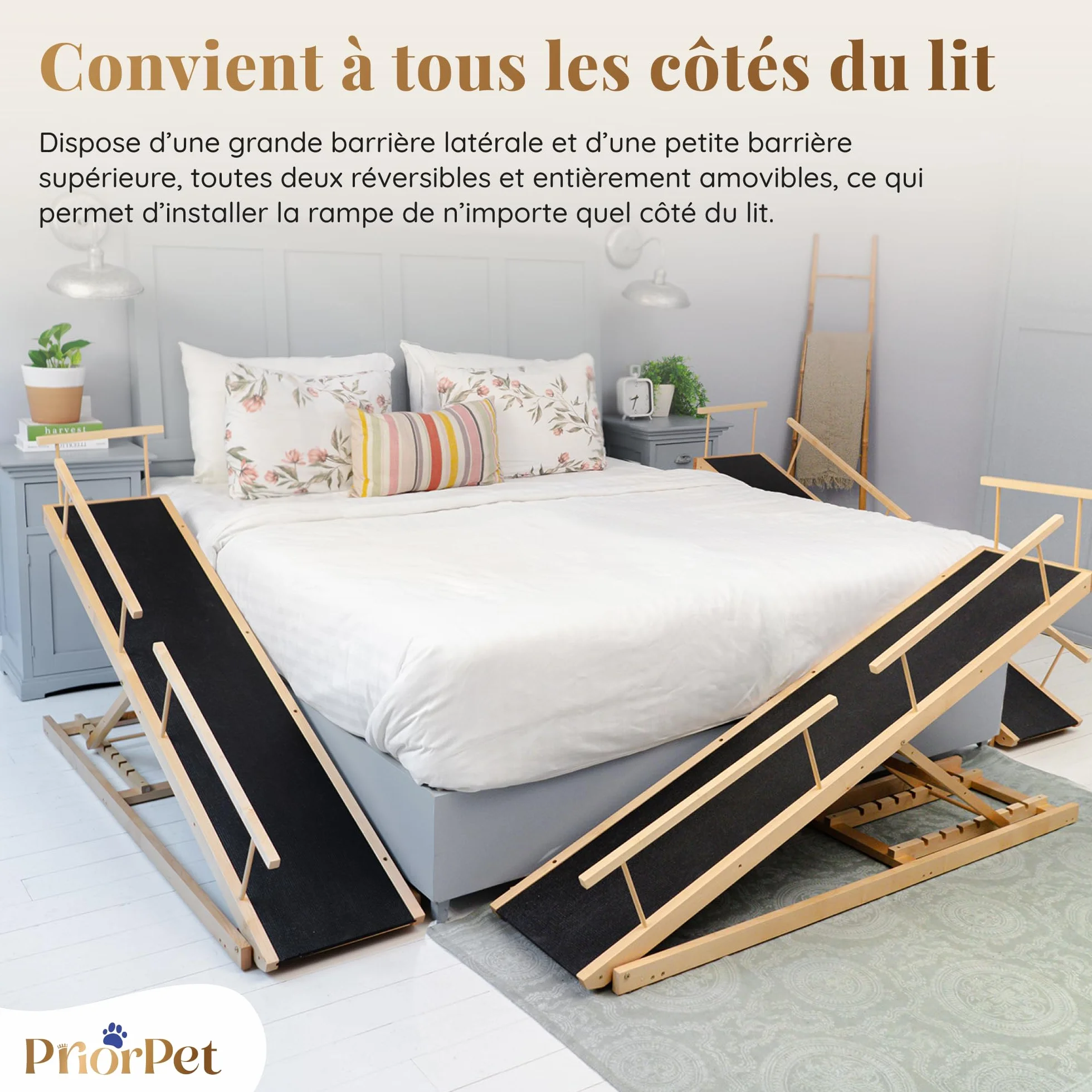 PRIORPET Rampe pour Chien avec Barrières de Sécurité Escalier Pliable Lit Haut 94.5 cm Bois de Bouleau Antidérapante 23kg Naturel