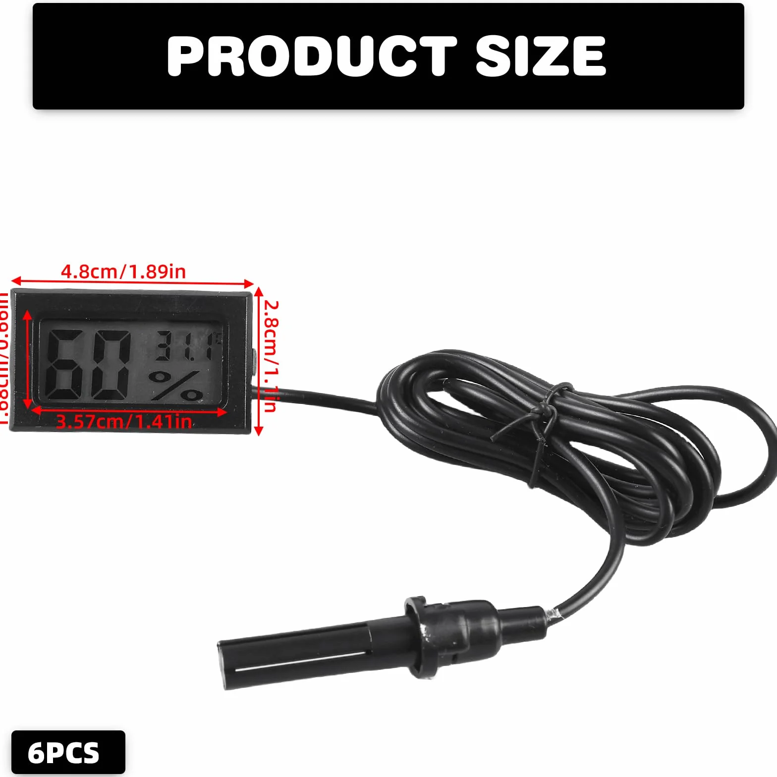 Lot de 6 mini thermomètres numériques LCD avec capteur et câble de 1,5 m pour reptiles, incubateurs et aquariums