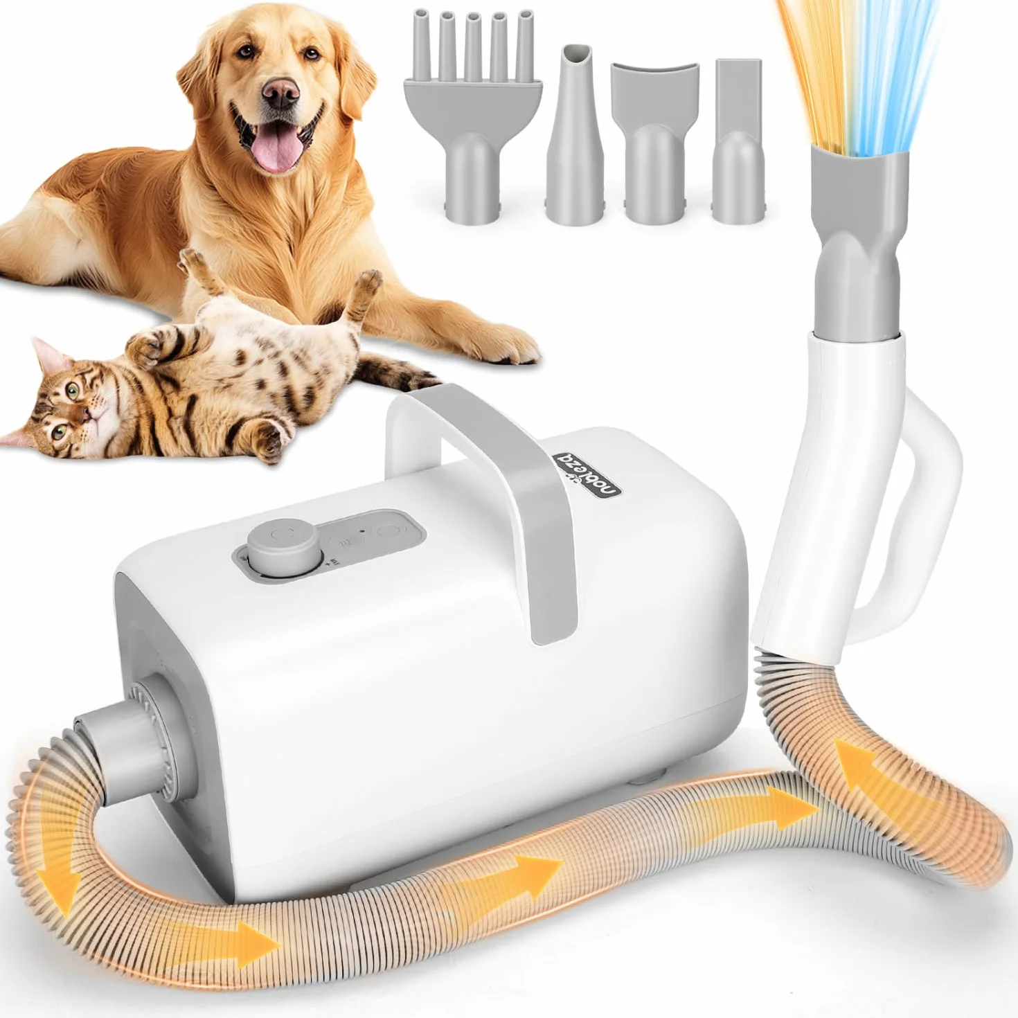 Nobleza Séchoir Professionnel pour Chiens et Animaux de Compagnie avec 4 Embouts, Vitesse/Température Réglables, Tuyau et Brosse Inclus, Faible Bruit