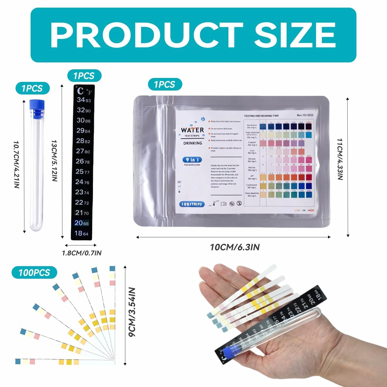 Lot de 100 Bandelettes Test Eau Aquarium 9 en 1, Kit pour Eau Douce et Salée, Test Nitrite Nitrate pH GH KH Chlore Cuivre Fer avec Tube et Thermomètre