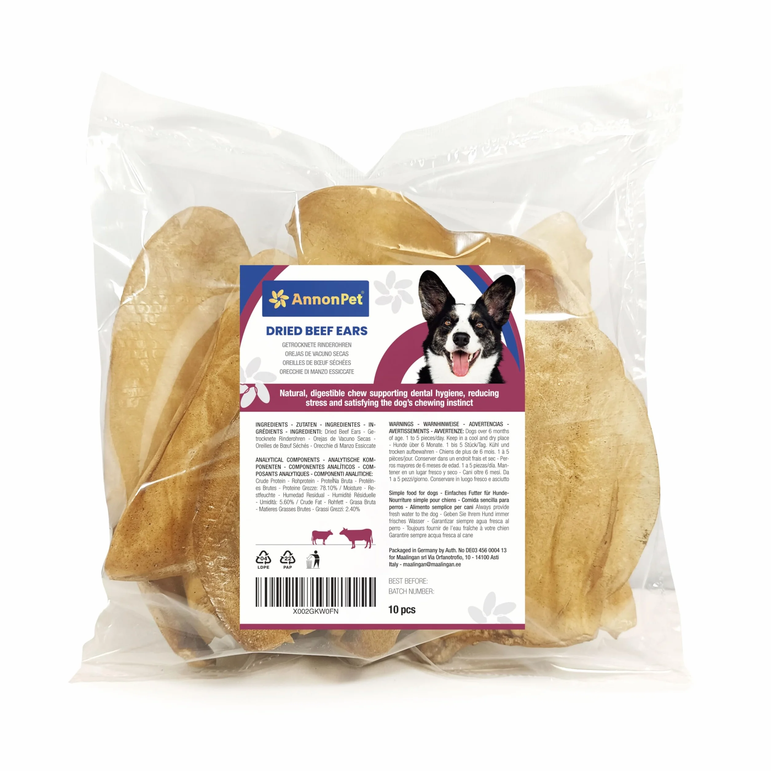 Lot de 10 oreilles de bœuf séchées pour chiens - Articles à mâcher naturels et faciles à digérer - Riche en protéines, sans additifs - Idéal pour les soins dentaires et la réduction du stress
