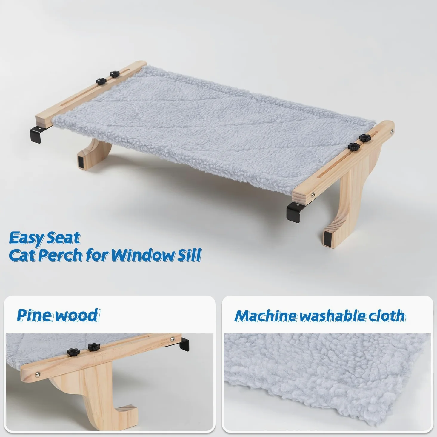 Zakkart Easy Seat Lot de 2 perchoirs pour rebord de fenêtre – Hamac avec bois de pin et cadre en métal robuste – Siège de fenêtre pour chats et chatons de grande taille (bois de couleur naturelle avec