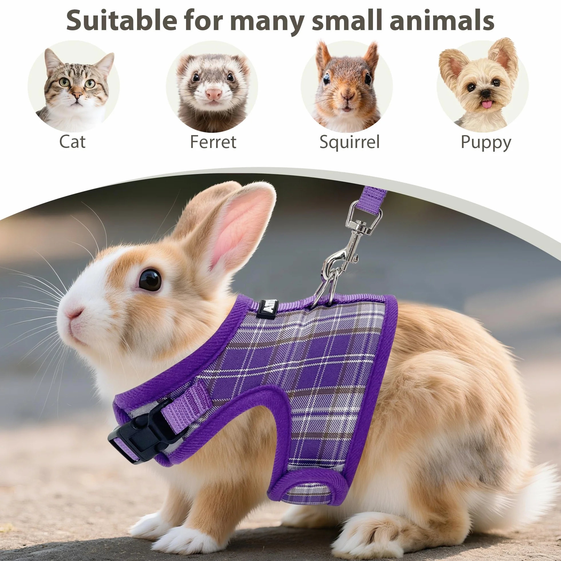 AIITLE Ensemble de harnais et laisse pour lapin anti-évasion - Design à ruban magique, rembourrage en maille à motif à carreaux léger, sans étouffement ni traction pour chiot, chat, rat, écureuil