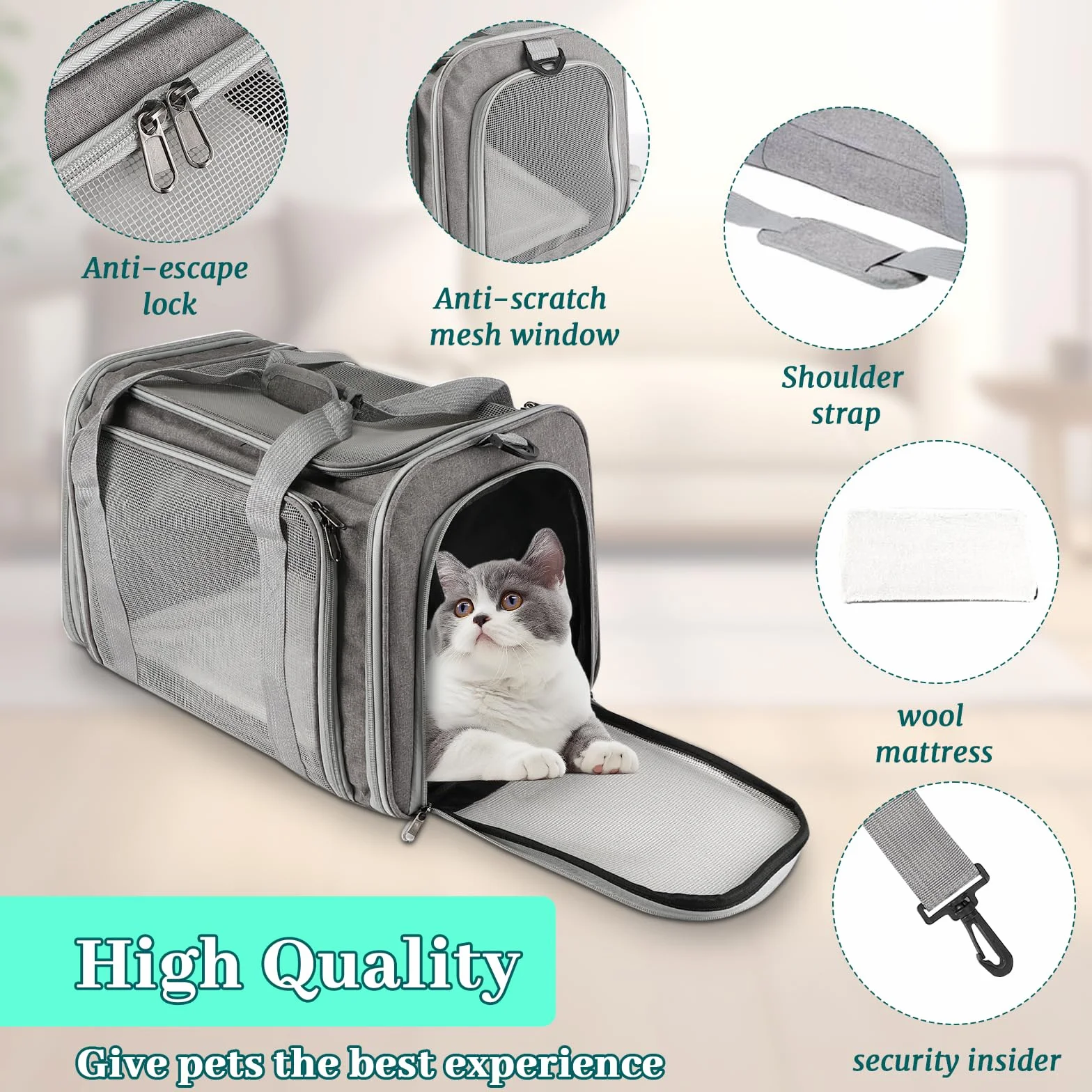 Sprifityy Sac de Transport Chat Extérieur Pliable Respirant Caisse Matelas Souple Gris 45x30x30 cm