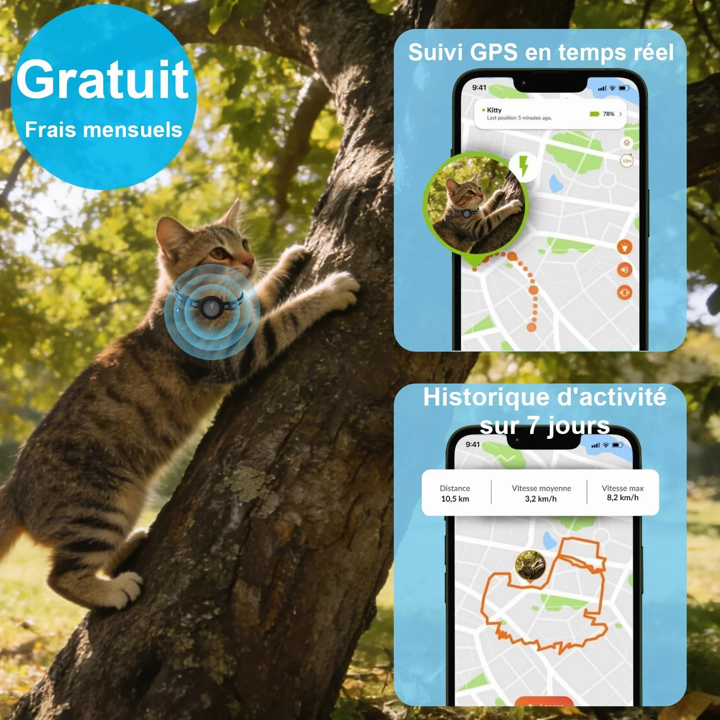 Collier GPS Chat Enregistrement des Trajets sur 7 Jours Collier GPS pour Chien Compatible avec iOS et Android GP S Chien Suivi en Temps RéEl GP S Tracker Traceur pour Animaux éTanche IP67 - Noir
