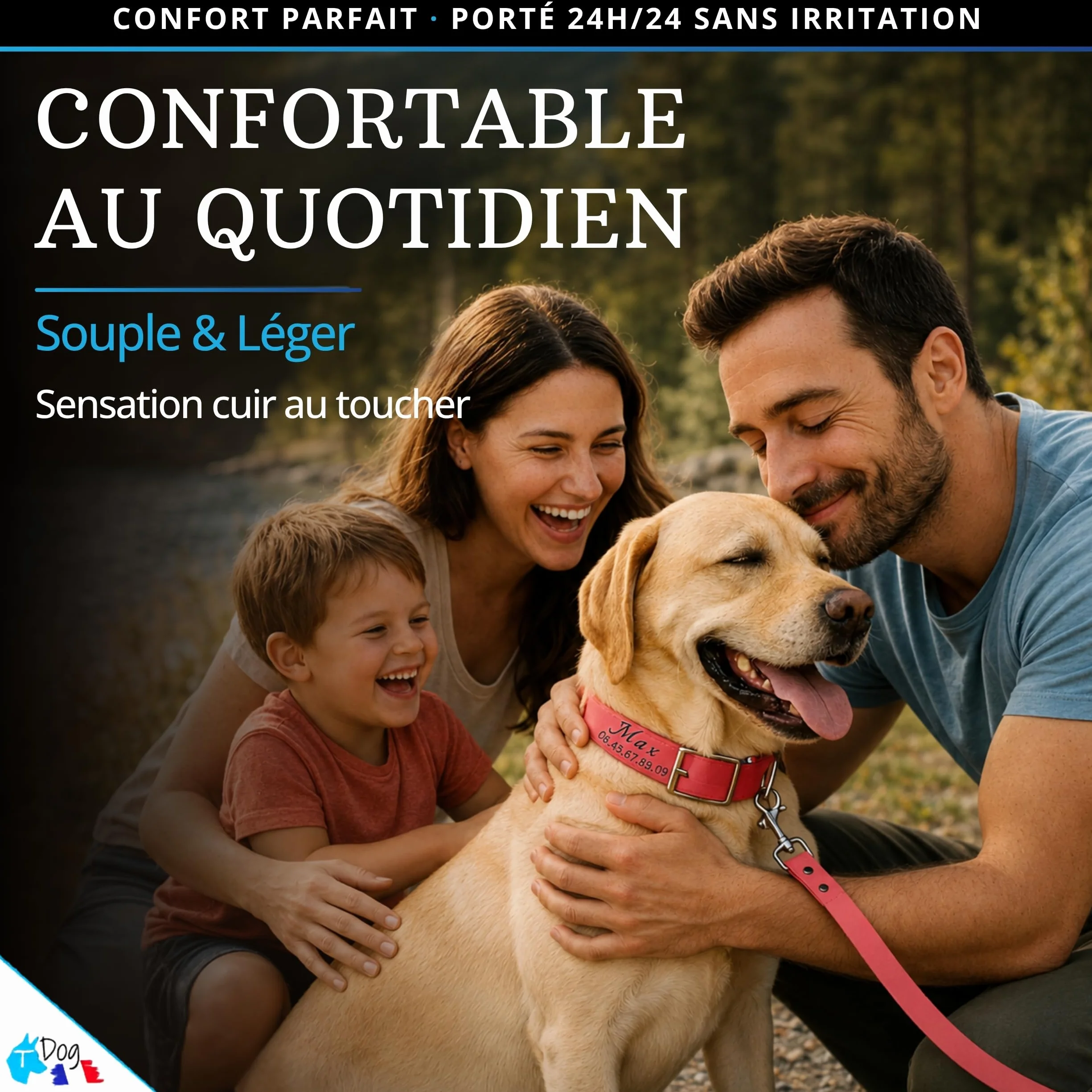 Collier Chien personnalisé Biothane Fait Main France gravé au Laser prénom numéro téléphone étanche résistant TDOG Rouge