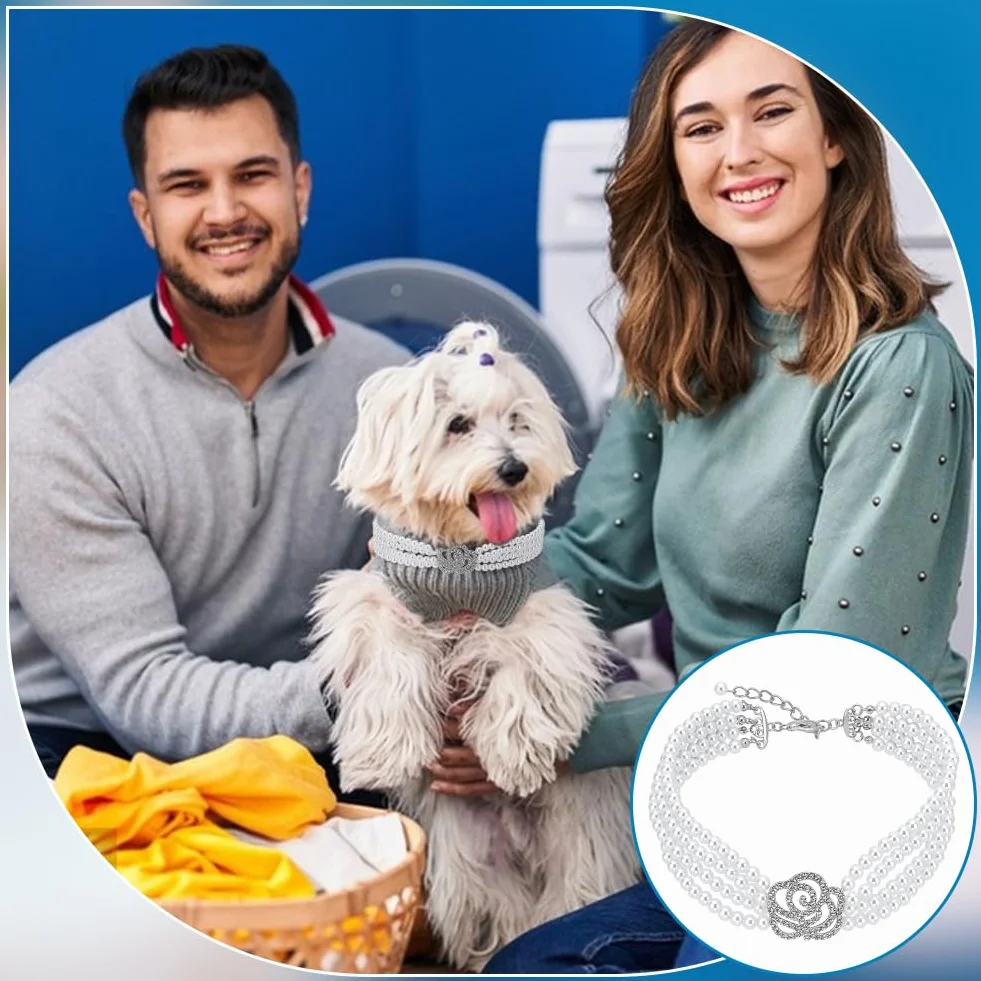 FINGERINSPIRE Collier pour Animaux de Compagnie Perles Réglable Chien Chat Strass Fleur Rose Mariage Petits Chiens Blanc