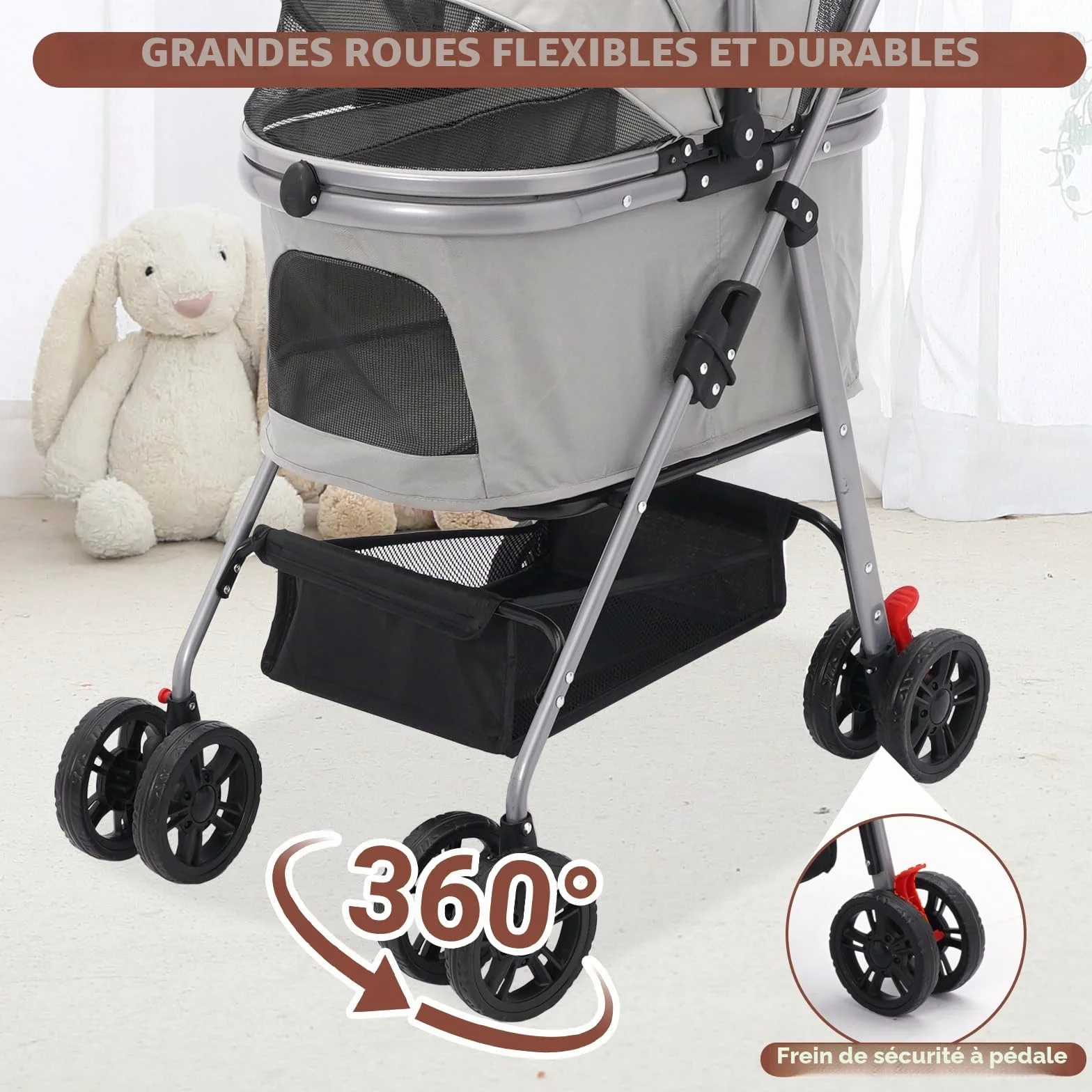 Poussette pour Chien 3-en-1 Pliable jusqu'à 20 kg Roues 360° Résistant à l'Usure