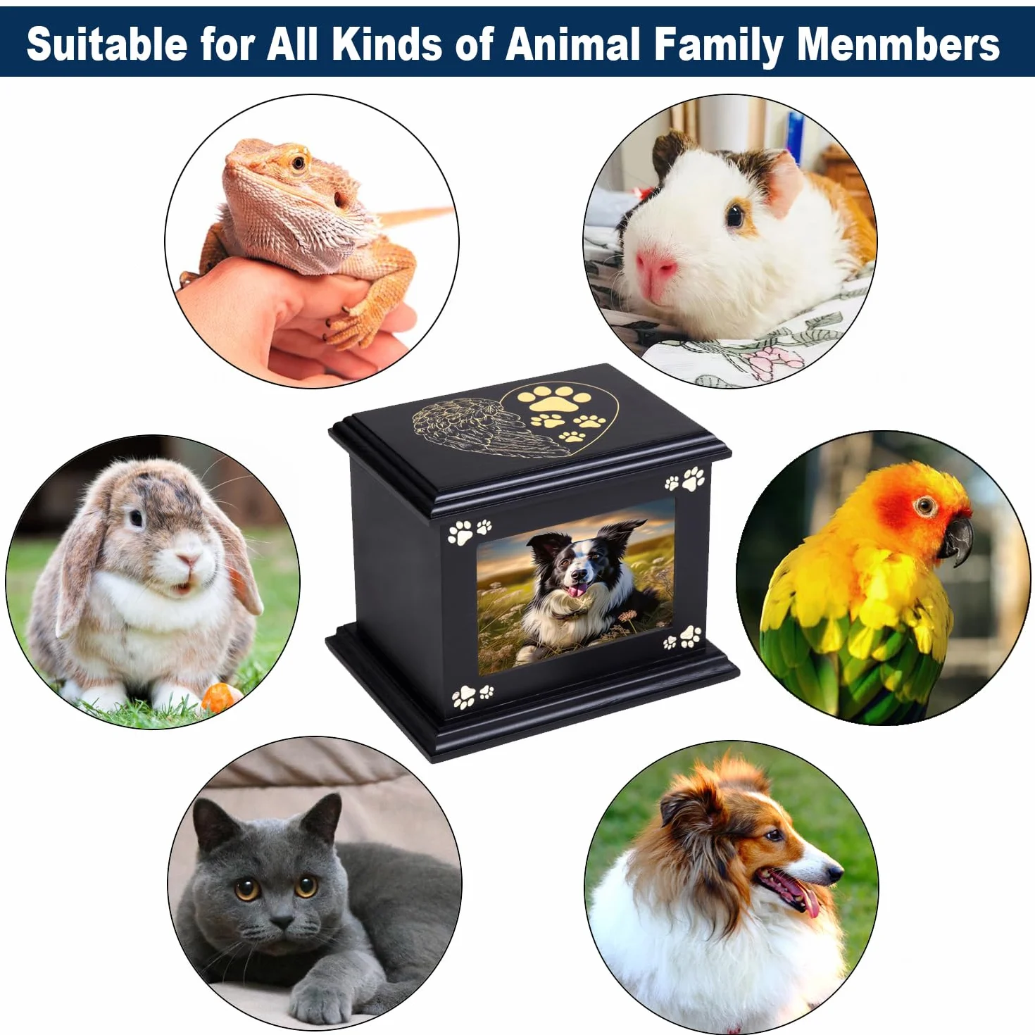 Urne funéraire en bois pour animaux de compagnie Doggy Memorial 40 avec cadre photo noir