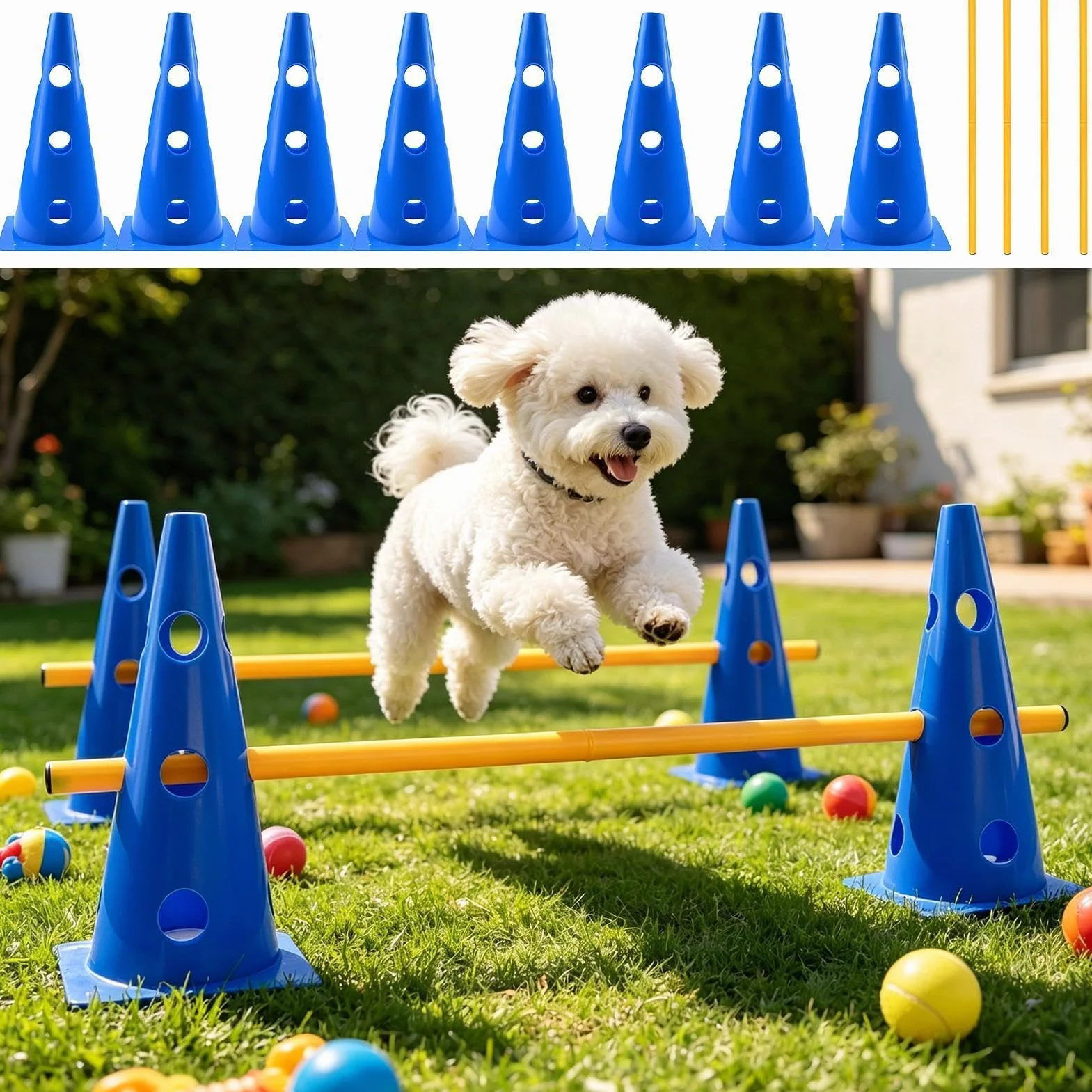 Ensemble de sauts pour chiens avec jouets interactifs et poteaux d'obstacle, dressage agilité petite moyenne taille intérieur extérieur