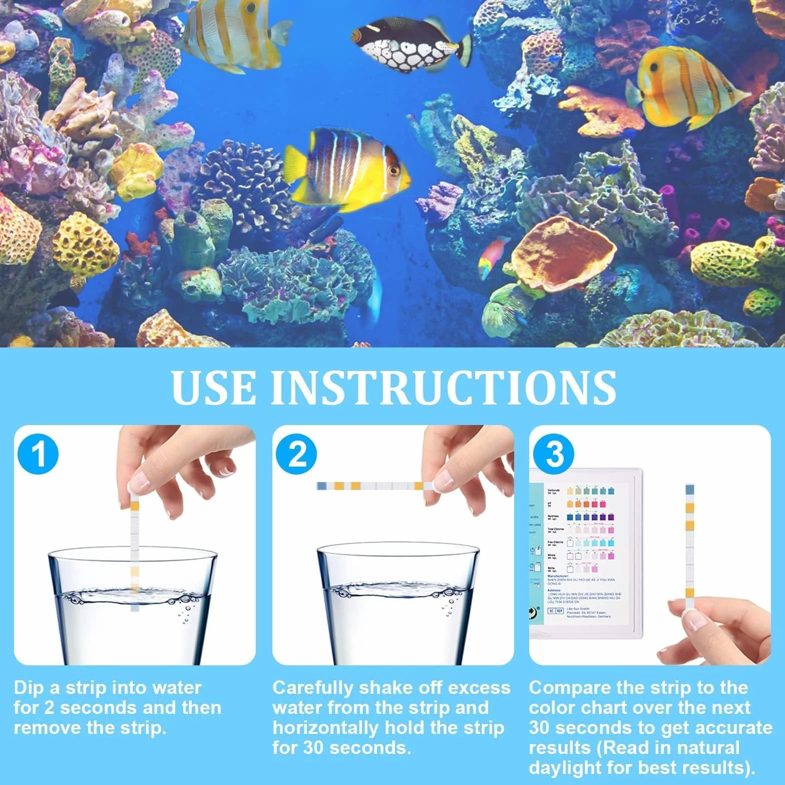 Bandelettes de Test d'Aquarium 7 en 1, 100 Bandelettes de Test Eau Dureté Totale, Alcalinité, Carbonates, Nitrates, Nitrites, Chlore Libre pH, Cuivre Test Rapide