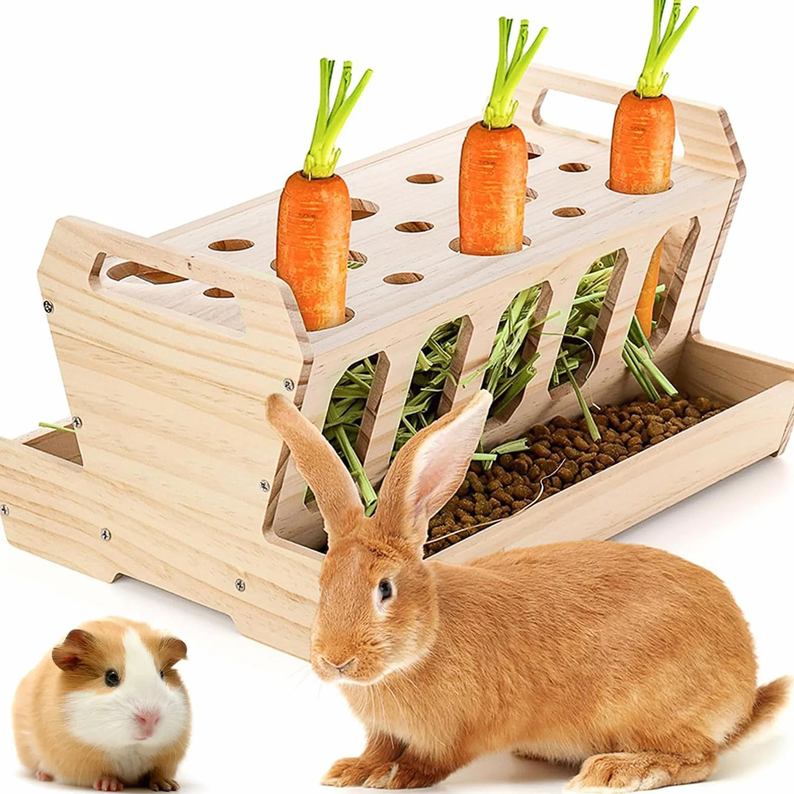 Râtelier à Foin pour Rongeurs, Distributeur en Bois Naturel Non Traité 30x22x18 cm pour Lapins et Cochons d'Inde