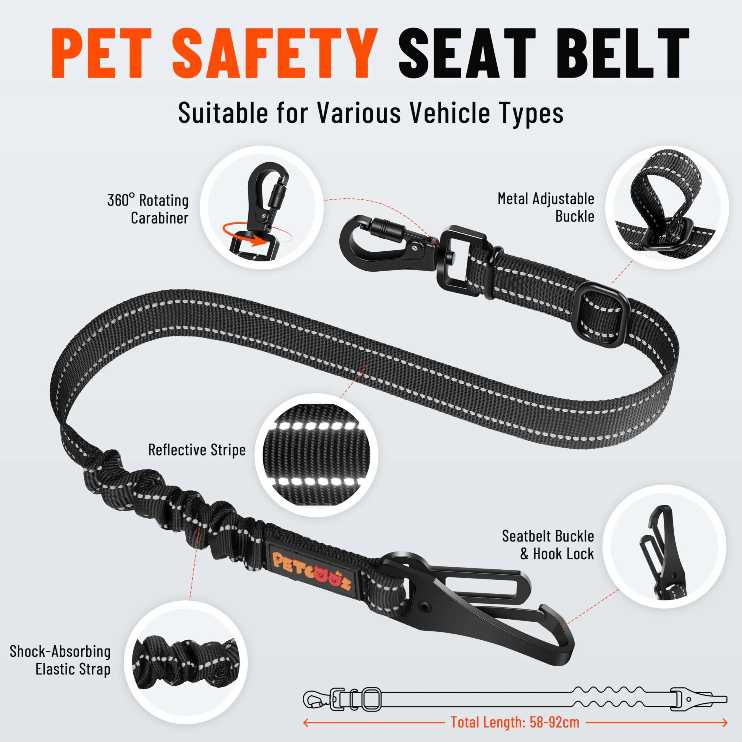 Ceinture Chien Voiture 3 en 1, Ceinture de Sécurité Chien Réglable 58-92 cm avec Système Latch et ISOFIX, Absorption des Chocs, Mousqueton Rotatif 360°, Harnais Voiture pour Toutes Les Races