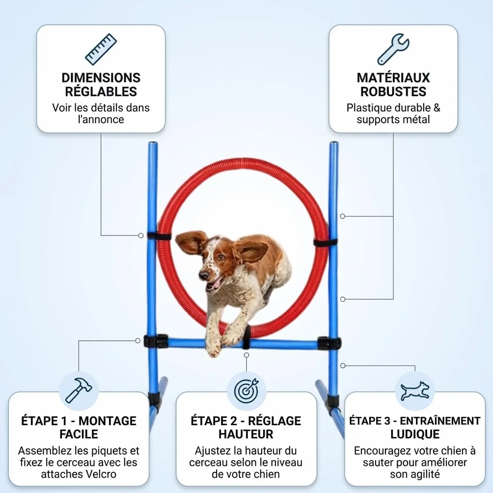 Cerceau d’Agilité pour Chien en Plastique avec Supports Métalliques Ajustables
