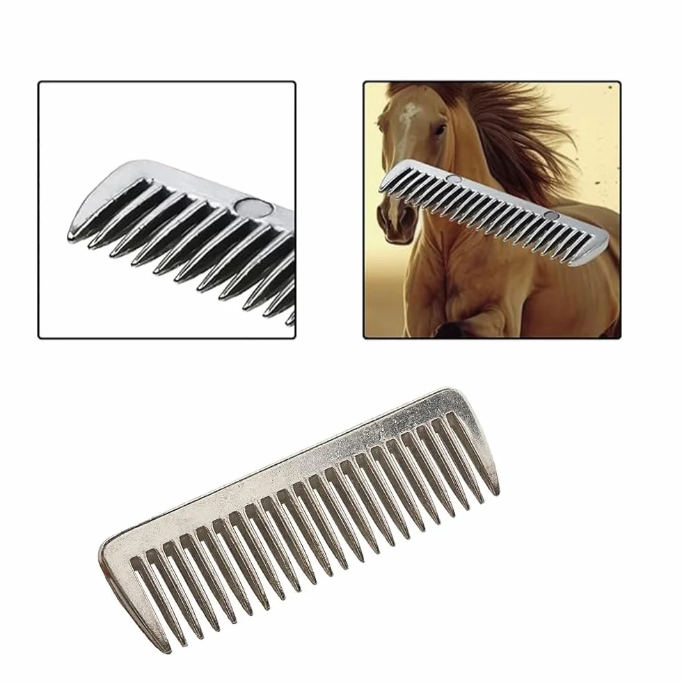 Peigne de toilettage en métal pour cheval argenté