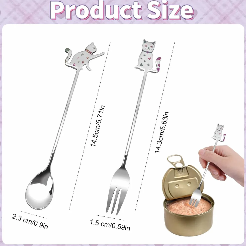 Cuillère à friandises pour chat en acier inoxydable, 2 petites fourchettes, set de cuillères de nourriture humide