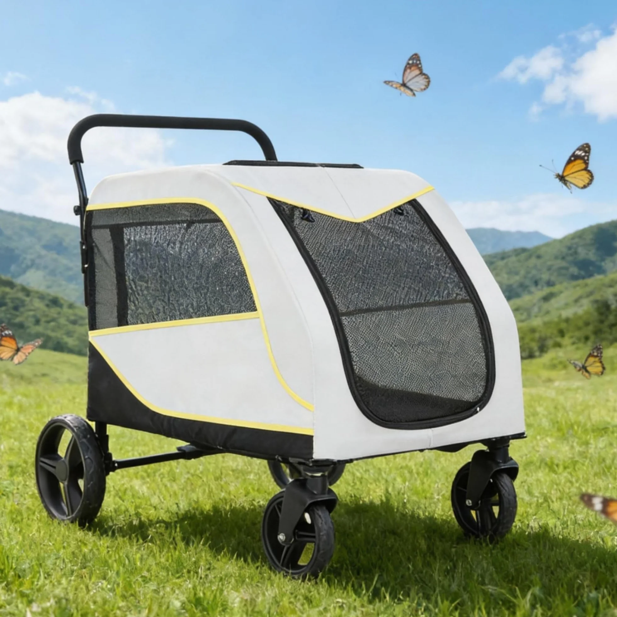 Grande poussette pour chien 50 kg pliable avec rampe intégrée 2 en 1 traction tout terrain jogging