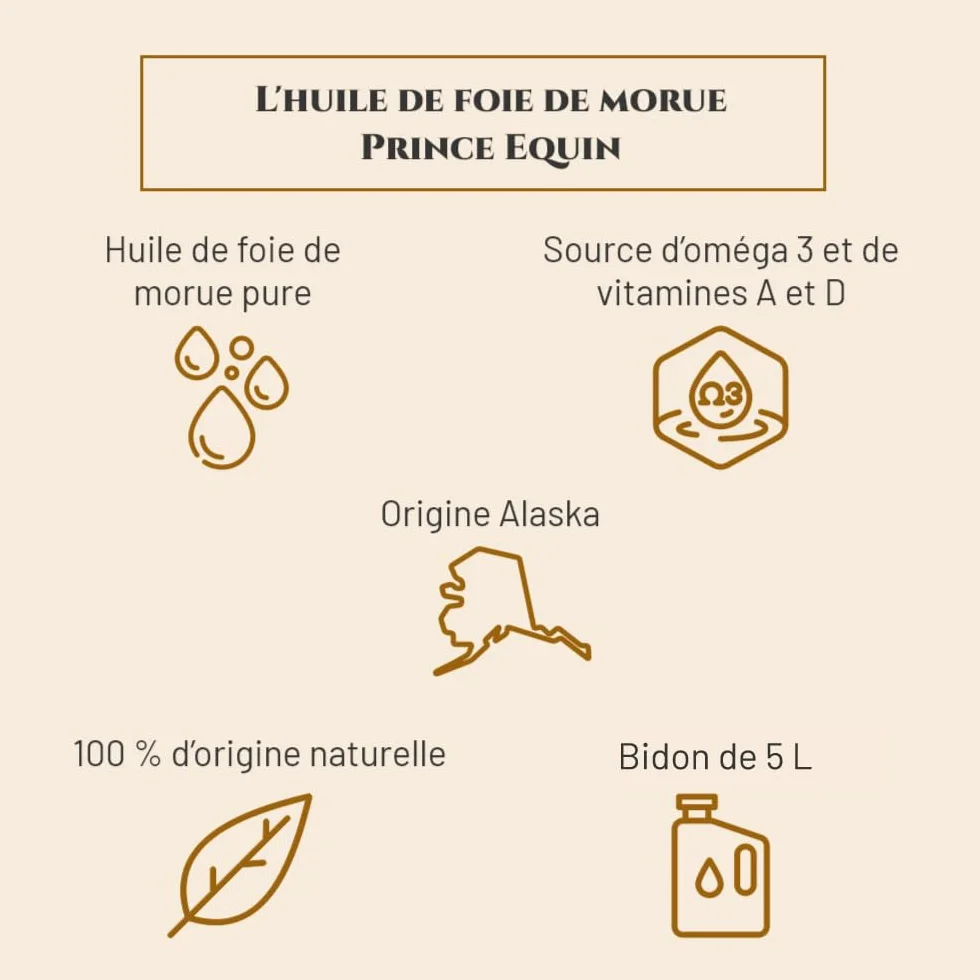 Huile DE Foie DE MORUE - Complément nutritionnel Cheval - Bidon 5 L - Articulations - Reprise d'état Cheval - Immunité - Source d'oméga 3 et vitamines A et D - Marque française