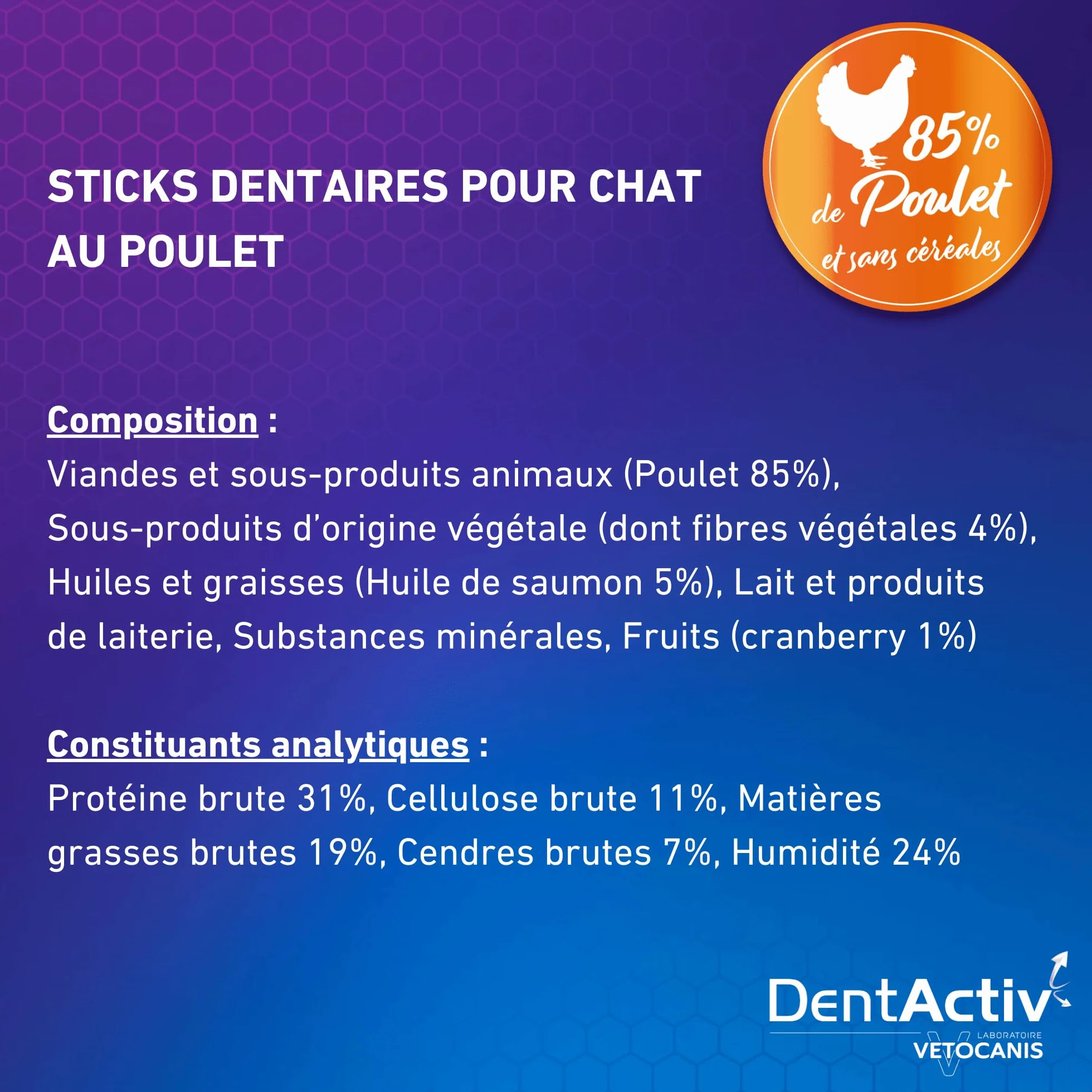 Vetocanis Dentactiv Stick Dentaire Friandises Chat Hygiène Santé 85% Poulet Anti-Plaque