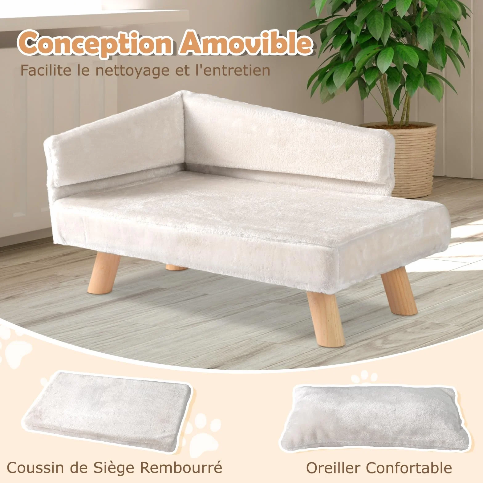 COSTWAY Canapé Lit pour Chien Chat 30/50 kg, Oreiller Coussin Amovibles, Pieds Bois, Panier Chien Chat Moyens Petits, Dossier Haut, Beige 71x43x40 cm