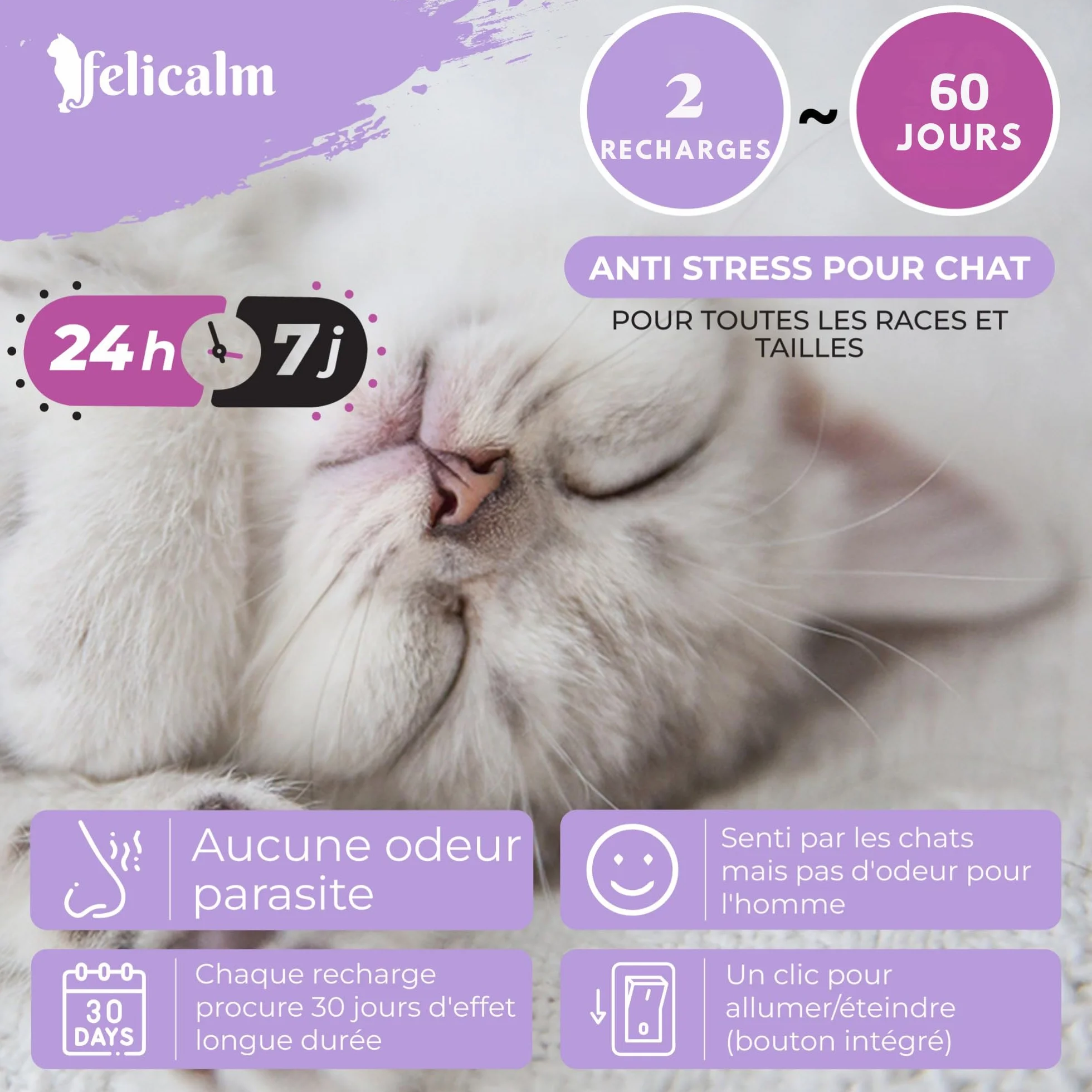 Diffuseur Chat Valériane Phéromones sans Odeur Double Action Apaisante 2 Recharges 60 J