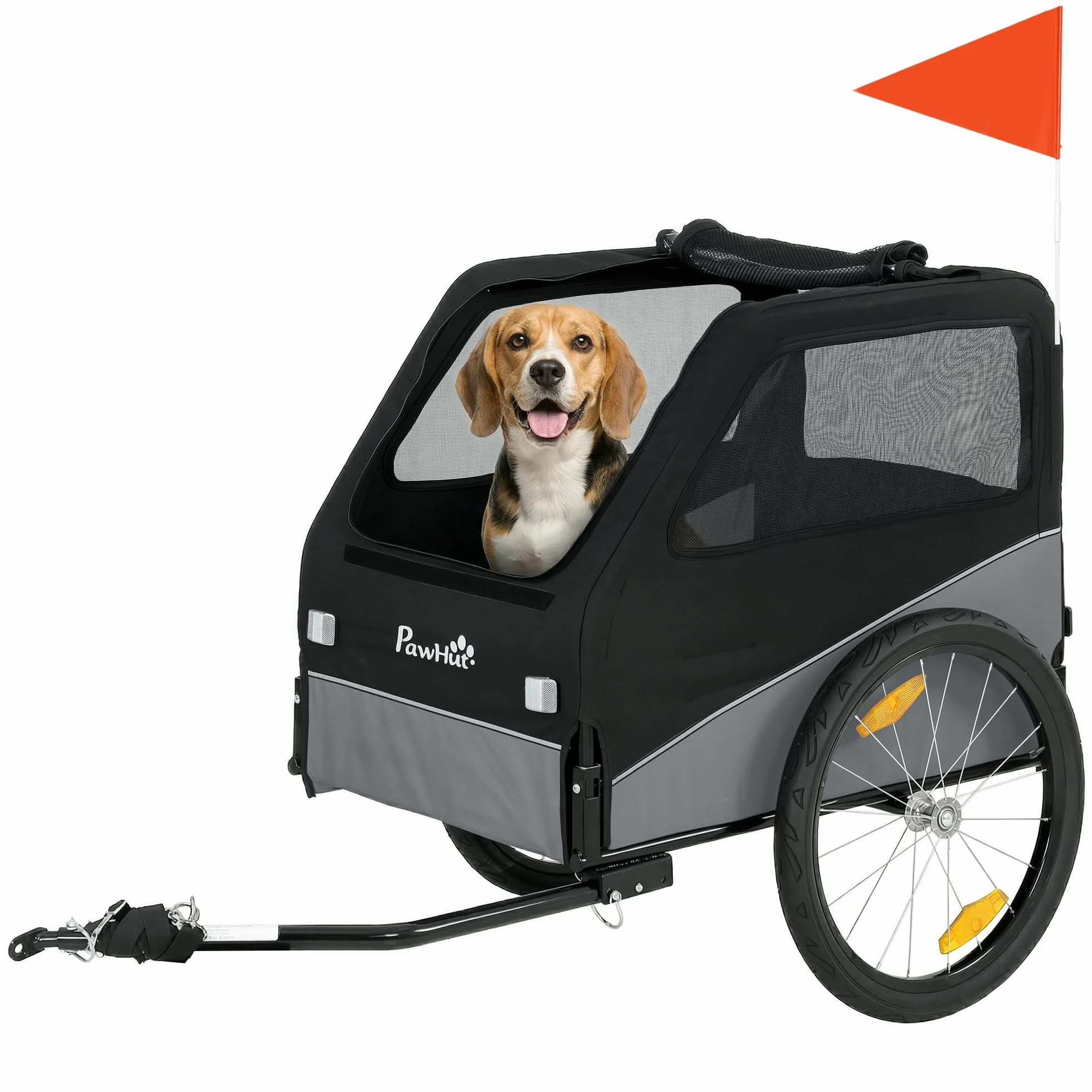 PawHut Remorque Vélo Chien avec Pneus 20" en Caoutchouc à Dégagement Rapide, Chariot pour Chien Moyen avec Attache Universelle, Réflecteurs, Drapeau, Laisse, Charge 20 kg, Gris et Noir