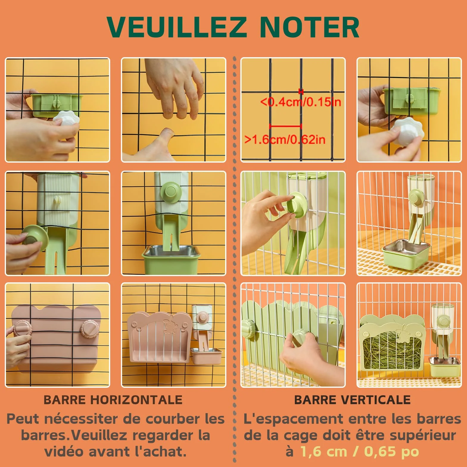 Mangeoire Foin Lapin 3 en 1 avec Gamelle et Entonnoir Suspendu pour Cage, Râtelier à Foin Vert