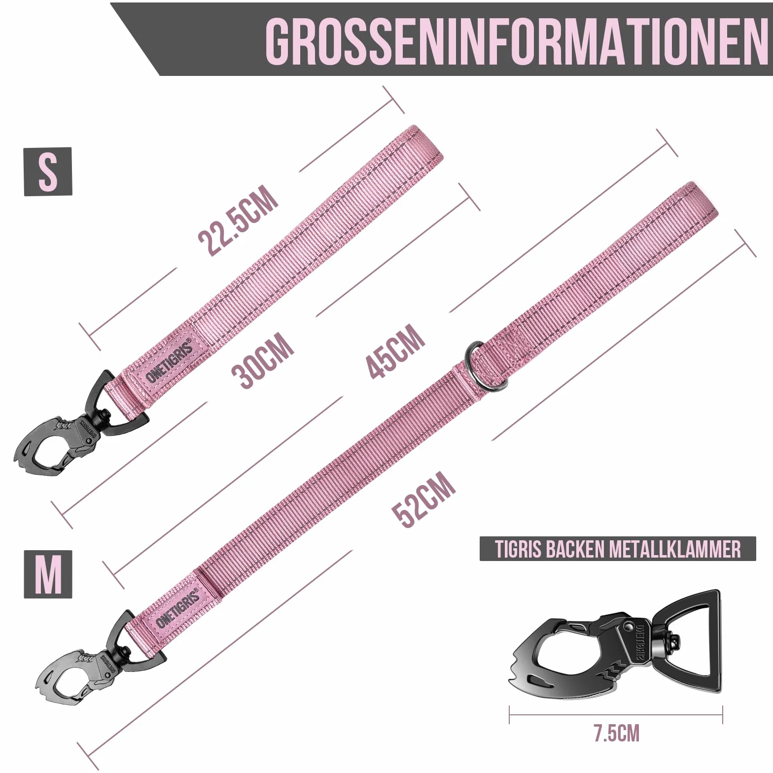 OneTigris Bolt Laisse courte pour chien 30 cm, denture de tigre en métal, rembourrage doux, réfléchissante, nylon, rose