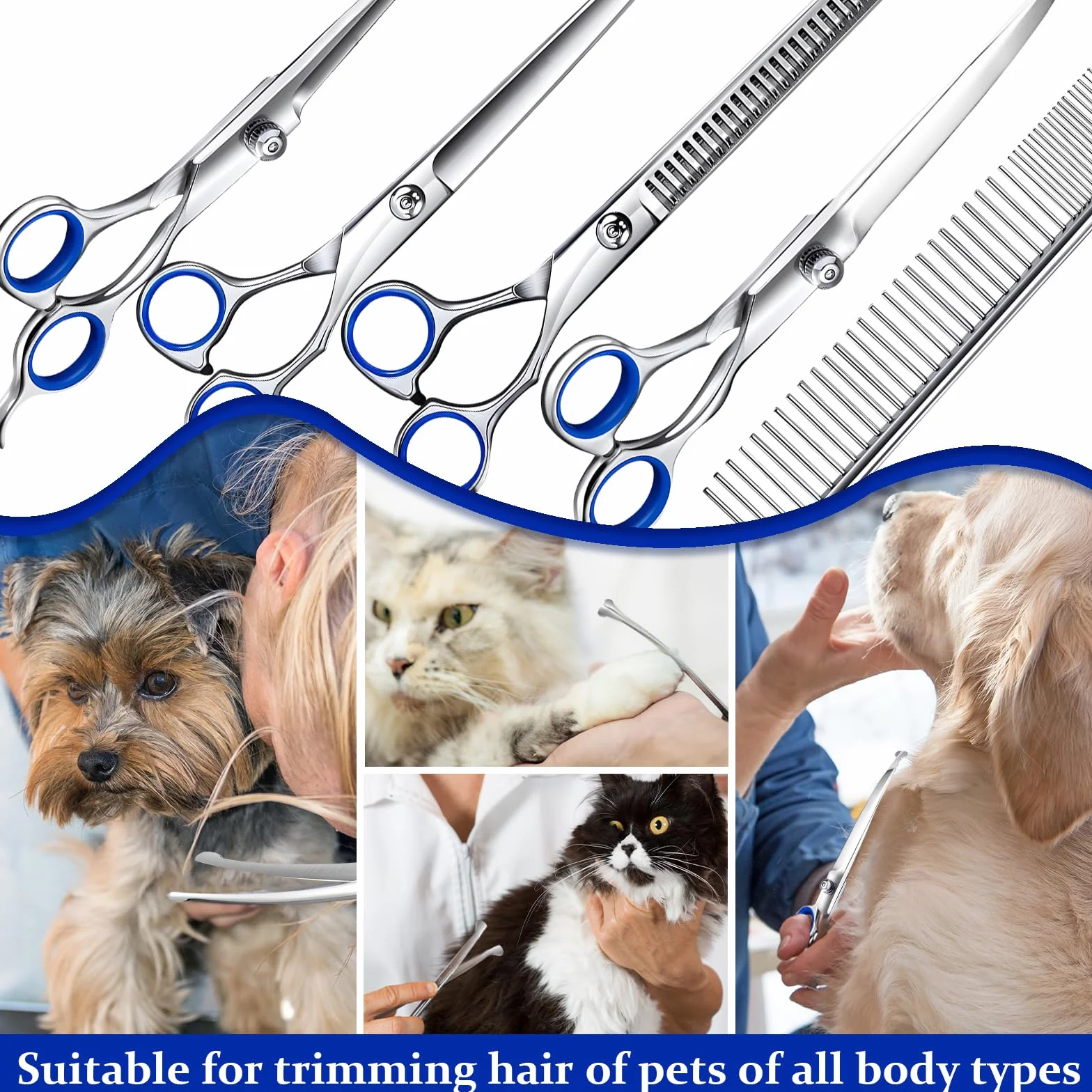 Ciseaux de Toilettage pour Chiens, Acier Inoxydable avec Pointe Ronde de Sécurité, y Ciseaux à Effiler Chien, Ciseaux Courbes Chien, Ciseaux Droits, Peigne, pour Chiens Chats