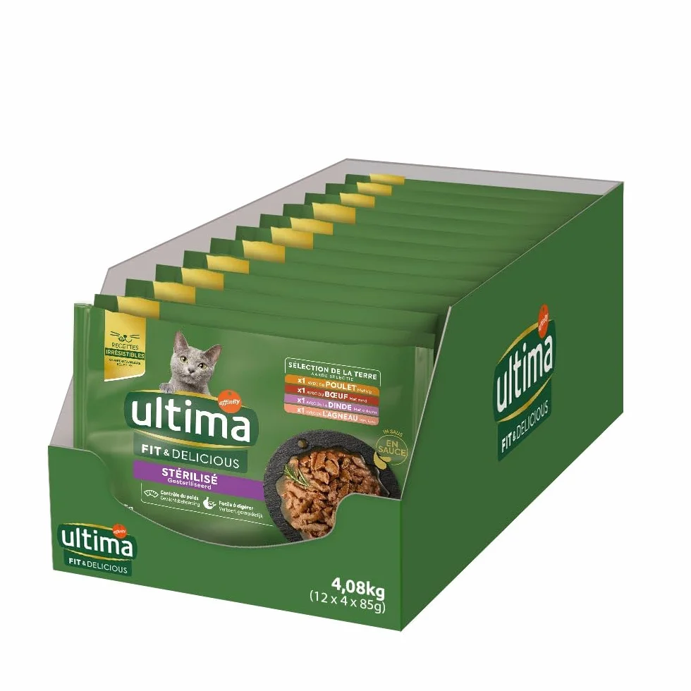 ULTIMA sachet repas Chat Stérilisé Poulet, Dinde, Bœuf & Agneau - 12 Multipacks x 4x85 g