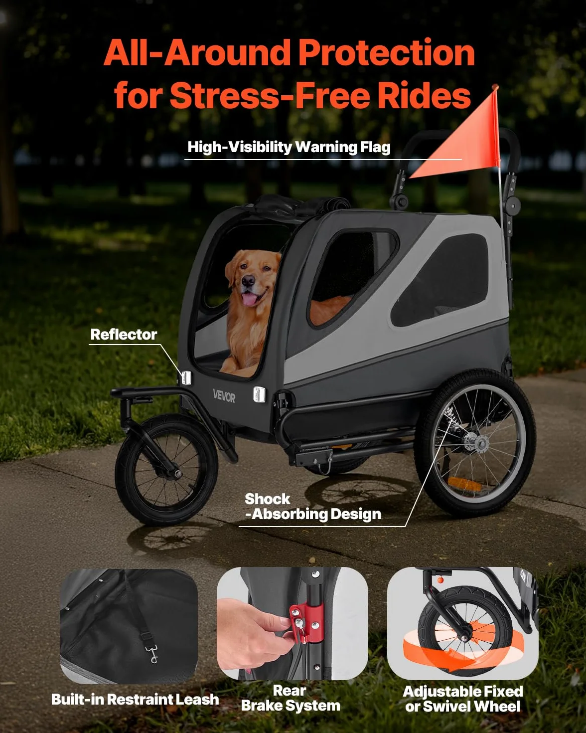 VEVOR Remorque de Vélo Chien Pliable avec Roues à Dégagement Rapide, Coupleur Universel