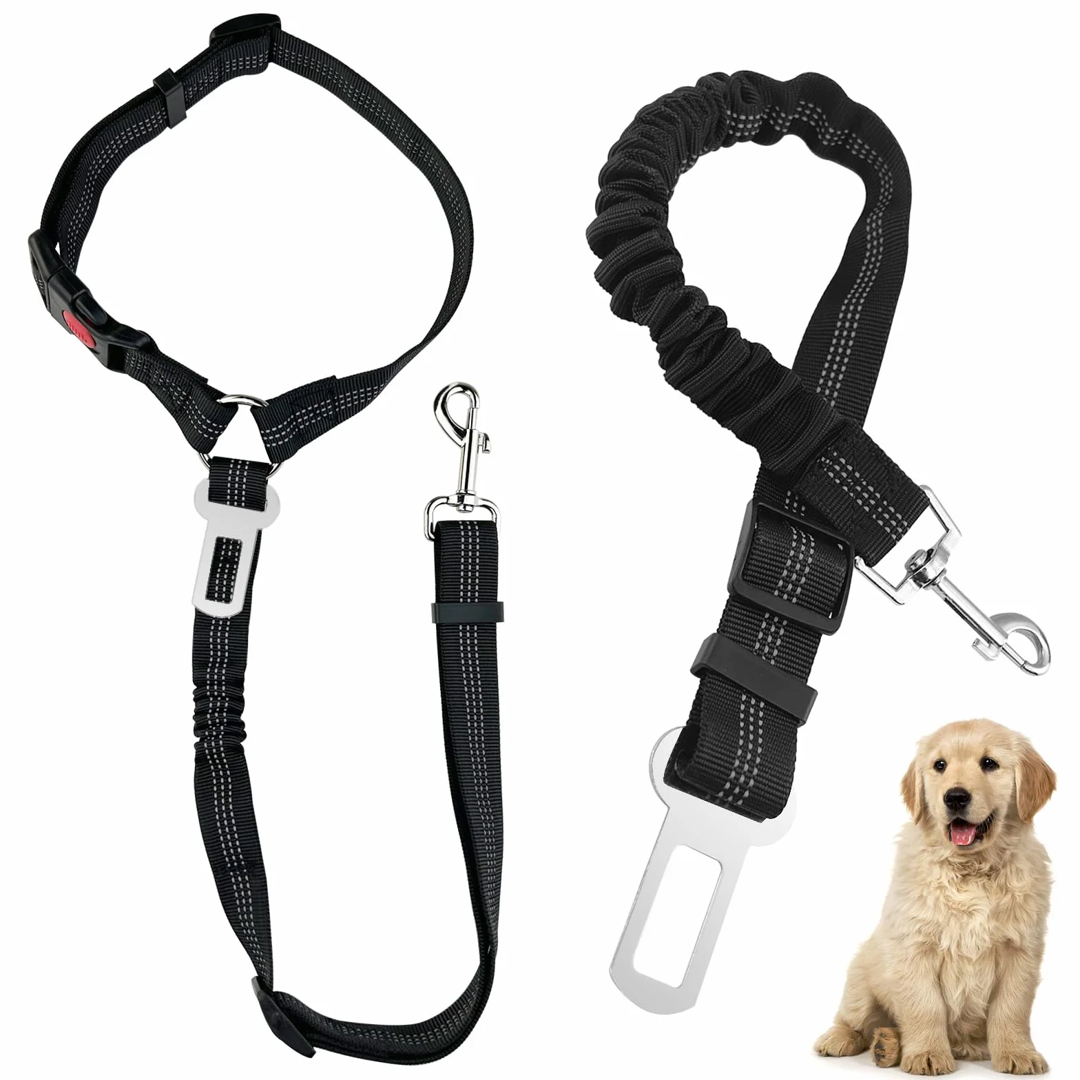 Diompirux 2 pièces Ceinture Chien Voiture, Ensemble de Harnais et Laisse de sécurité de Voiture, Multifonction Tissu Réglable Nylon Ceinture Chien avec Absorption des Chocs, pour Chien et Chat