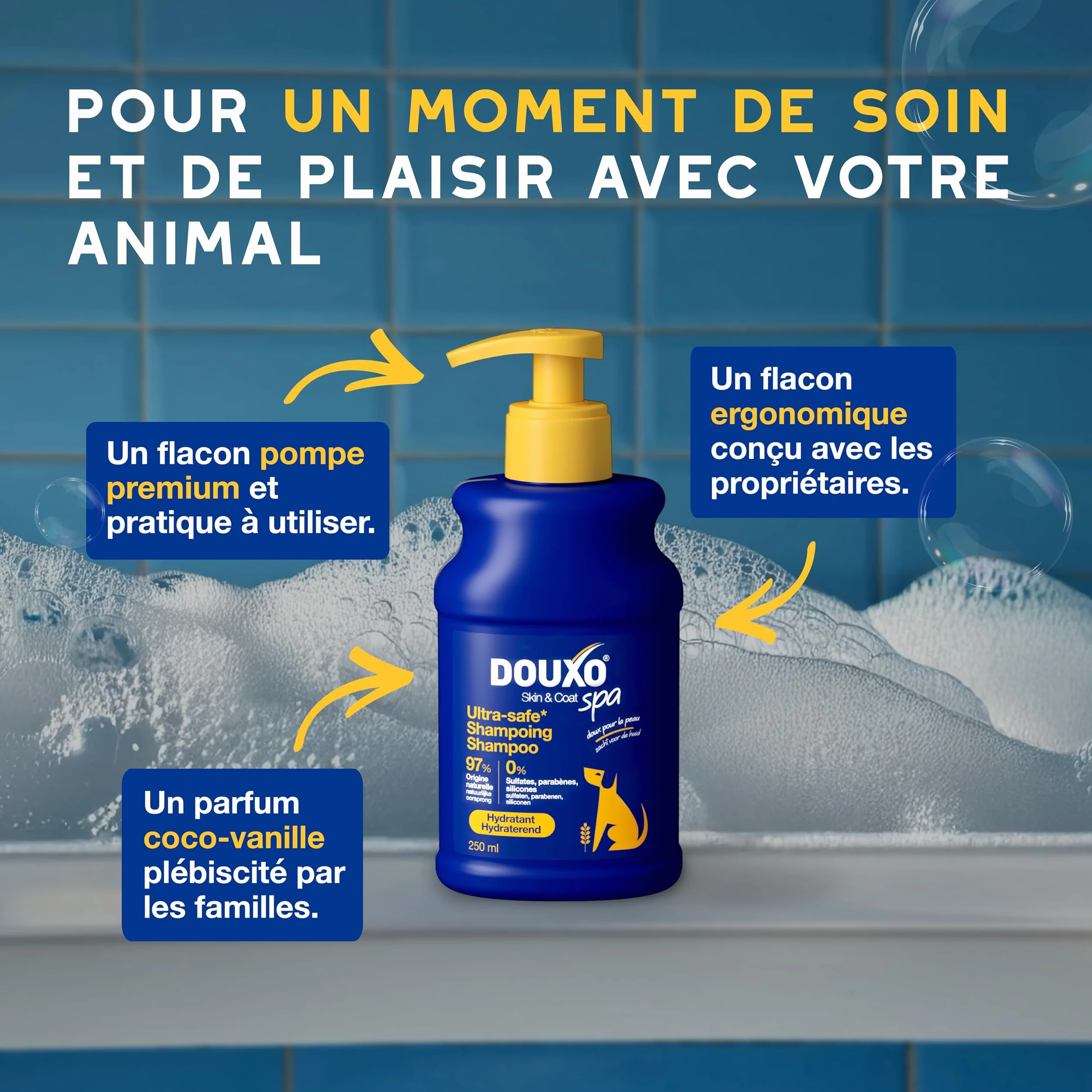 DOUXO Skin & Coat Spa - Ultra-Safe Shampoing hydratant pour Chien, 250mL, Nettoie et Hydrate la Peau Profondeur, Laisse Le Pelage Doux et éclatant, Formule respectueuse de la Peau.