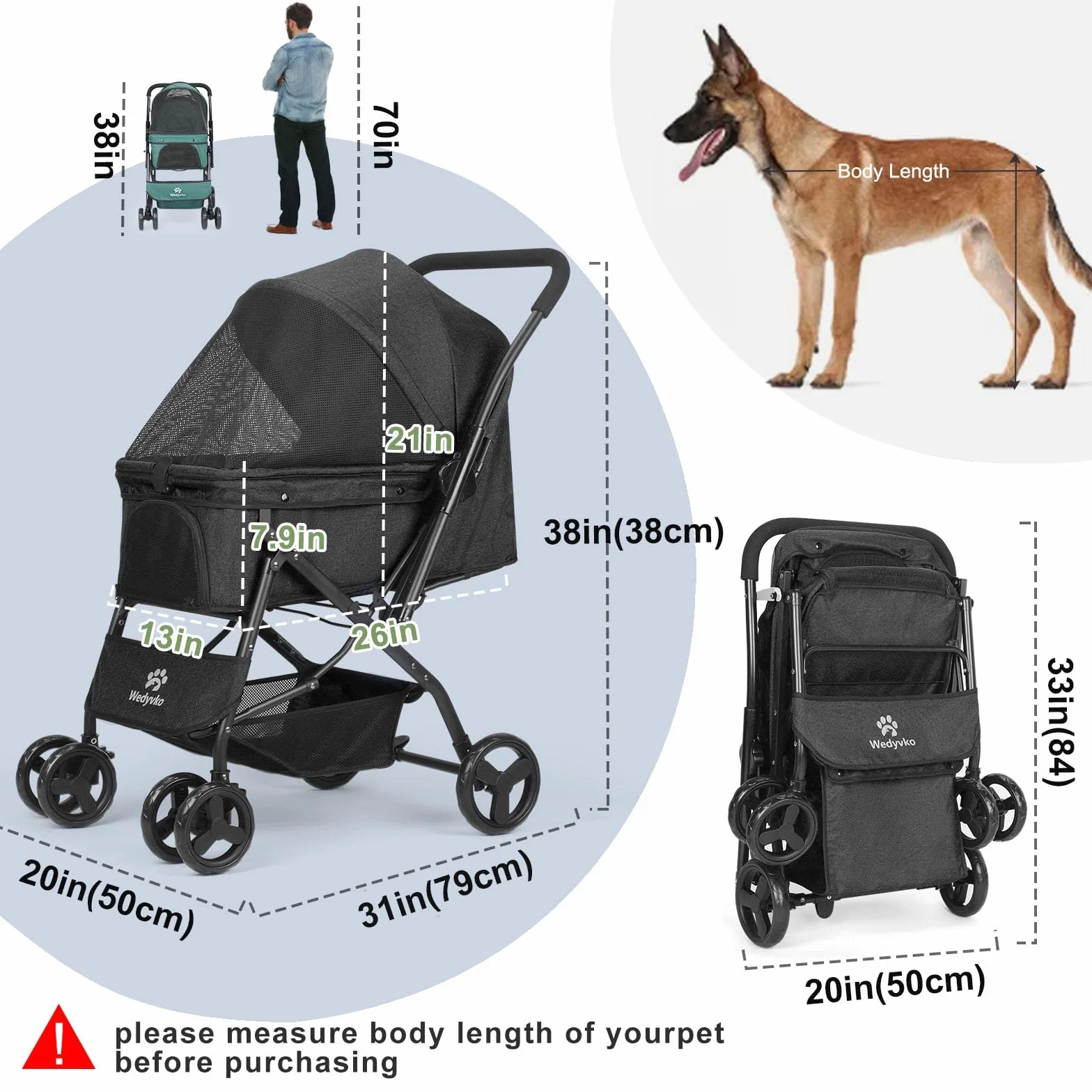 Poussette pliable pour animal de compagnie noir 4 roues avec panier de rangement et roue avant 360° frein