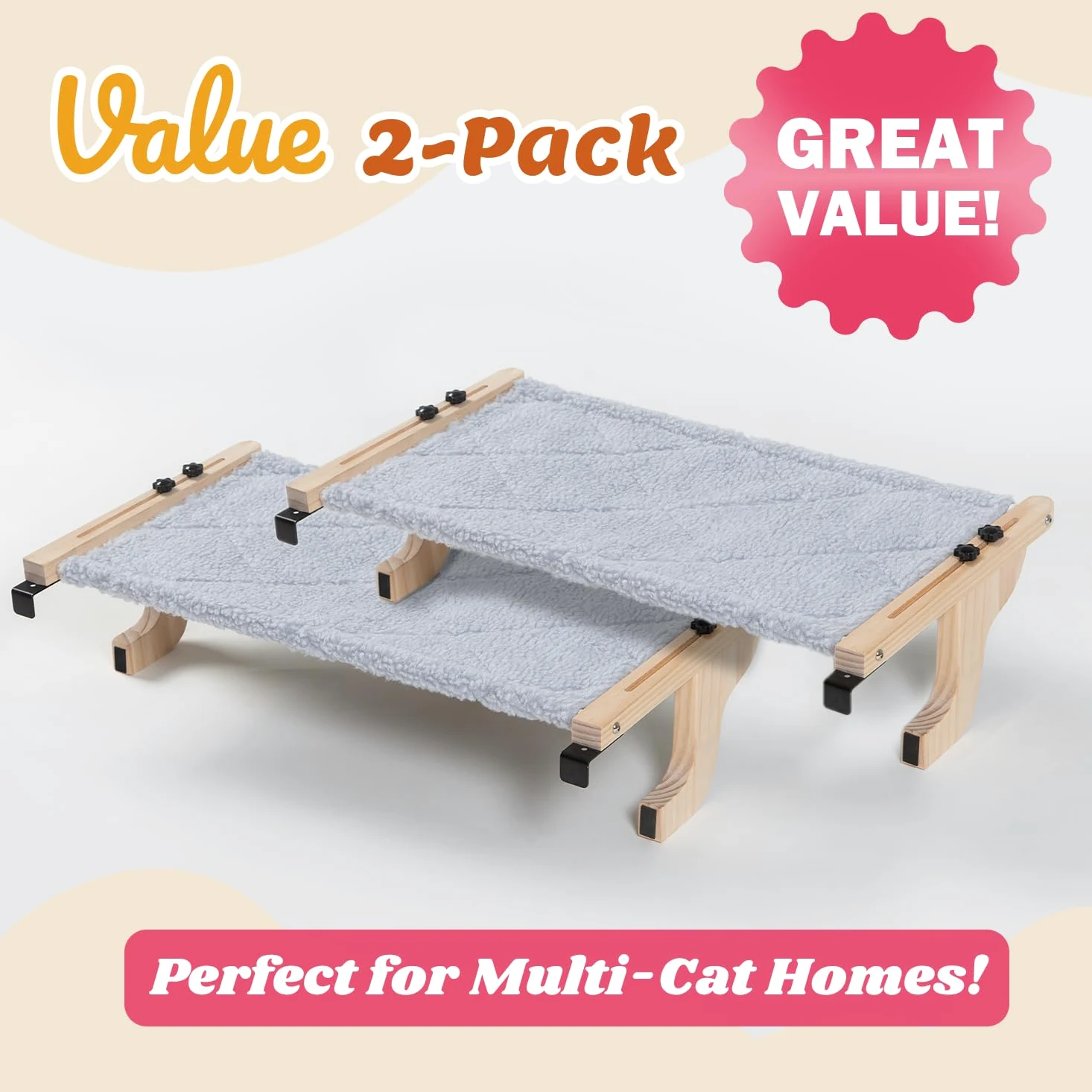 Zakkart Easy Seat Lot de 2 perchoirs pour rebord de fenêtre – Hamac avec bois de pin et cadre en métal robuste – Siège de fenêtre pour chats et chatons de grande taille (bois de couleur naturelle avec