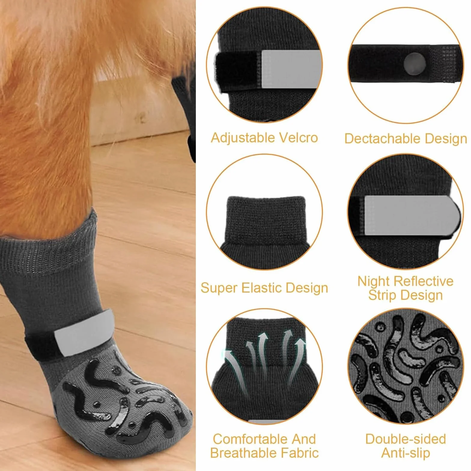 Chaussette Antidérapante Chien avec Bandes de Fixation Réglables, Renforcement en Caoutchouc, Double Face Antidérapante (L)
